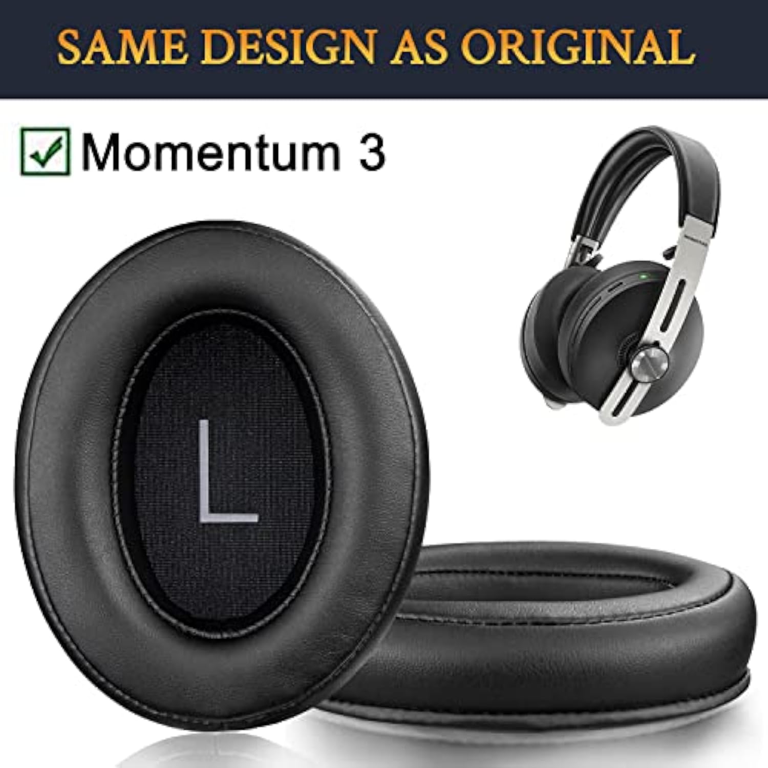 Earpads Replacement For Sennheiser Momentum 3 Wireless Noise Cancelling Over/Around-Ear Headphones, Ear Pads Cushions With Soft Protein Leather, Noise Isolation Memory Foam - Black