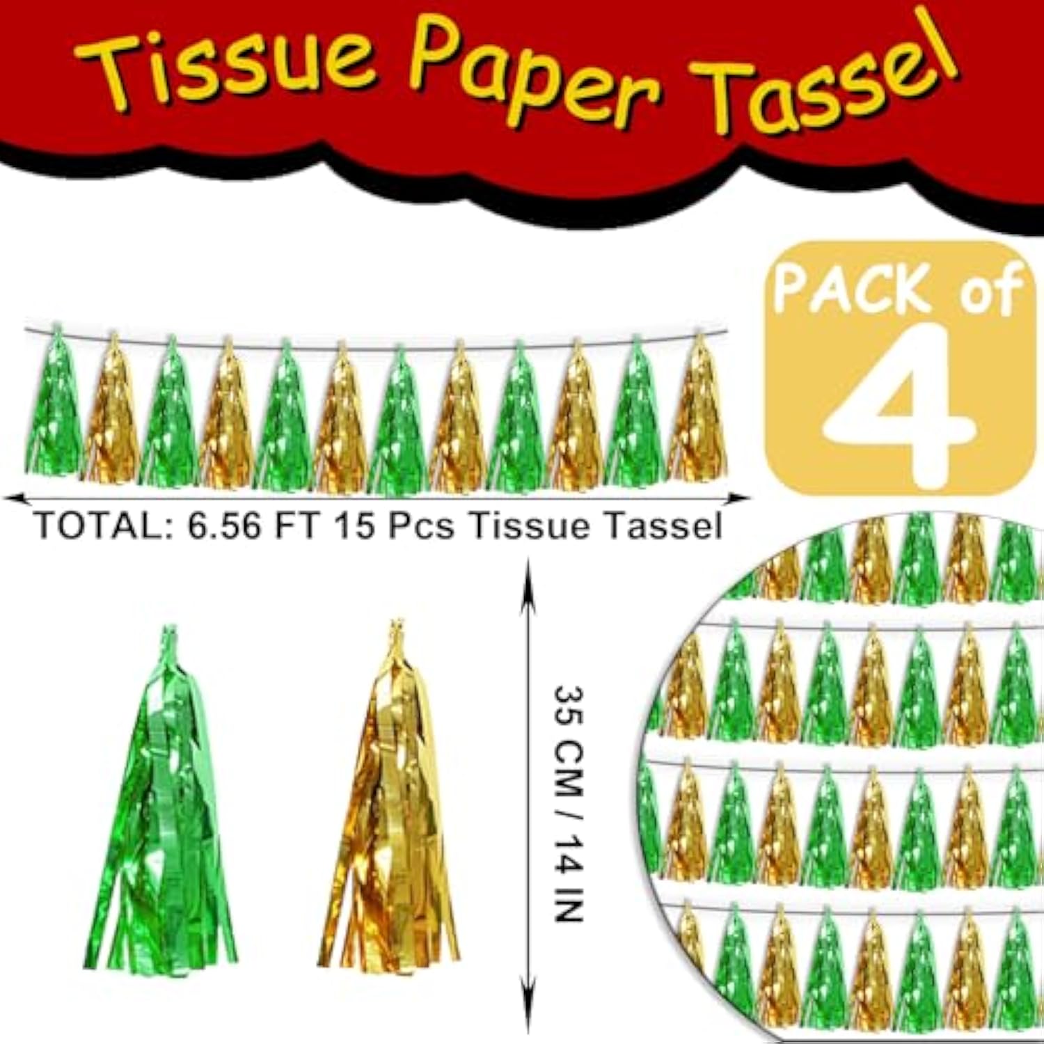 4P Sage-Green Gold Tassel Banner Garland Metallic Foil Fringe Banner Tinsel Tassels Streamer Banner Backdrop For Parade Floats, Graduation Decorations, Woodland Party Decoration