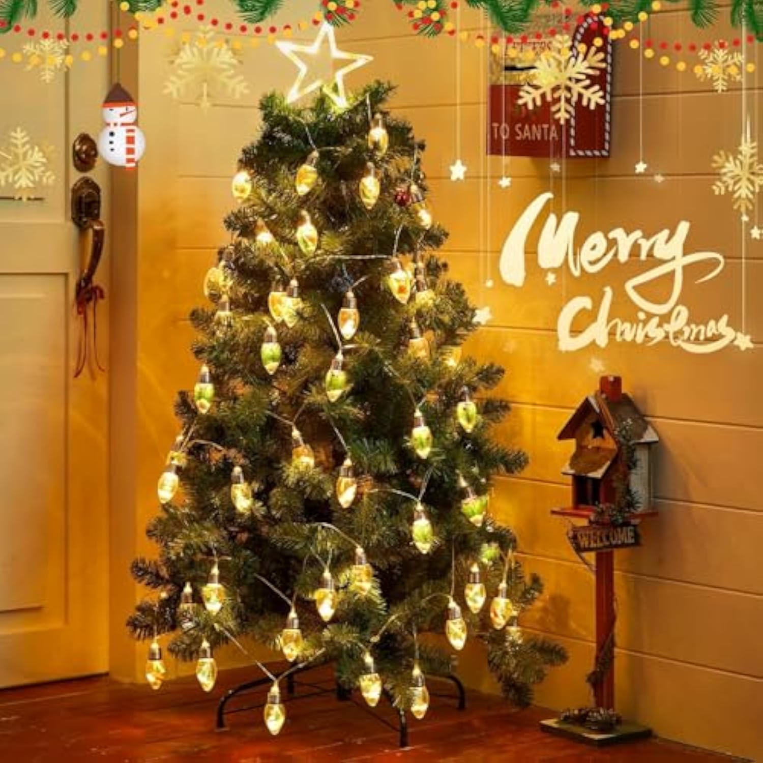 Indoor Christmas Lights, 7.5Ft Battery Powered String With Santa, Gifts And Adorable Ornaments Inside Snow Globes, Ideal