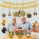 11Pcs 90Th Birthday Decorations Kit For Men Women, Black Gold Happy 90Th Birthday Banner, Awesome Since 1935 Centerpieces Swirls Party Supplies, Ninety Bday Banner Ceiling Table Topper Sign