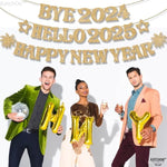 , Glitter Gold Happy New Year Banner - 10 Feet, Bye 2024 Hello 2025 Banner | Happy New Years Decorations, Happy New Year 2025 Sign | New Years Eve Party Supplies 2025 | Nye Decorations 2025