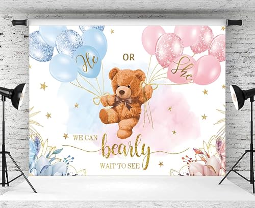 7x5ft Gender Reveal Backdrop Baby Bear Boy or Girl Photography Background Baby Shower Party Blue and Pink Banner Decorations Supplies Photo Booth Props