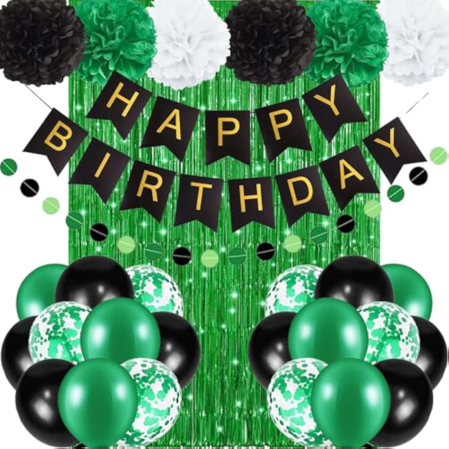 Birthday Decorations For Men, Green And Black Party Decorations For Boys, Happy Birthday Banner, Green Fringe Curtain, Pom Poms, Heart Star Foil Balloons Birthday Party Supplies For Him