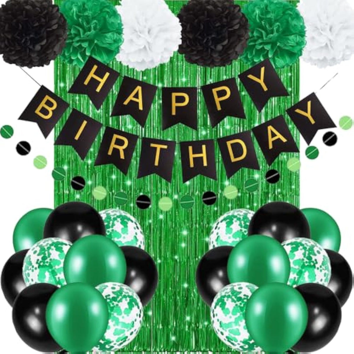 Birthday Decorations For Men, Green And Black Party Decorations For Boys, Happy Birthday Banner, Green Fringe Curtain, Pom Poms, Heart Star Foil Balloons Birthday Party Supplies For Him
