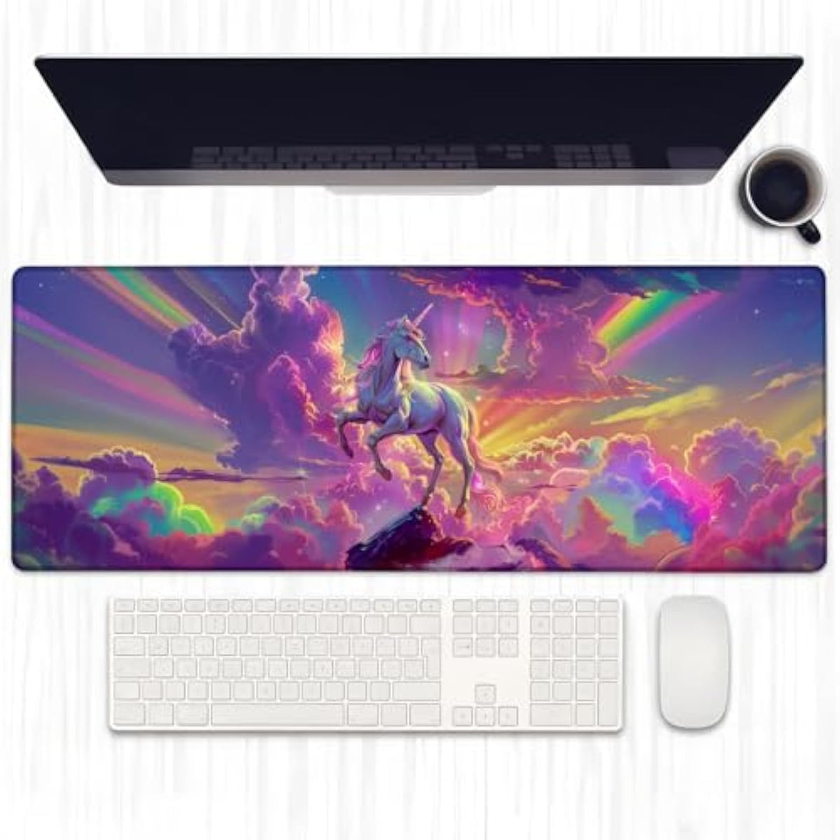 Majestic Unicorn Gaming Mouse Pad, Extended Unicorns And Rainbow Cloud Desk Mat Computer Laptop Mousepad, Robust Stitched Edges, 31.5"×11.8" Large Office Keyboard Mouse Pads For Desktop Decor