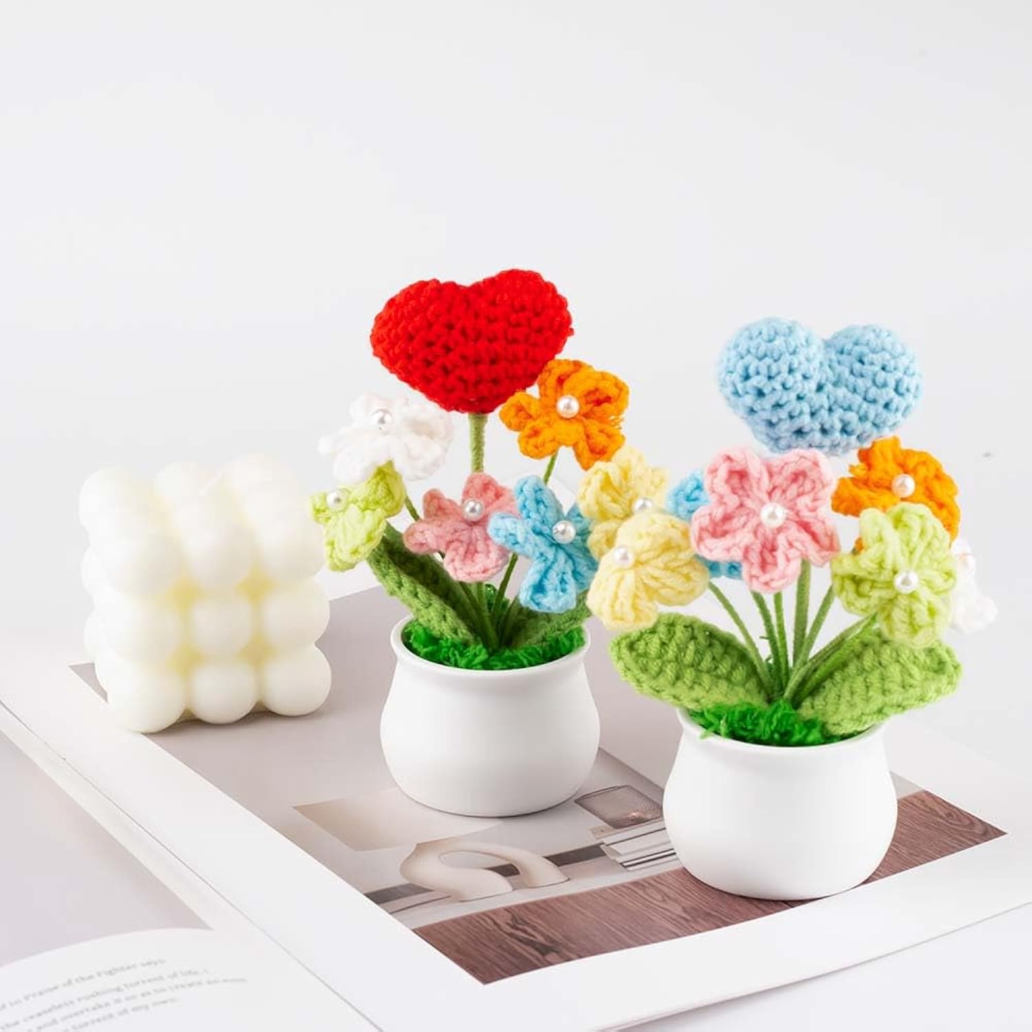 Knitting Crochet Flowers Potted Plants, Fake Forget Me Not Flowers And Knitted Heart For Friends, Family And Lover, Artificial Handmade Flowers For Birthday Valentine'S And Home Decor (Red)