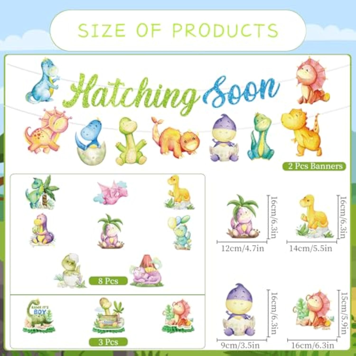 Dinosaur Baby Shower Decor Set "Hatching Soon” Banner & Hanging Swirls
