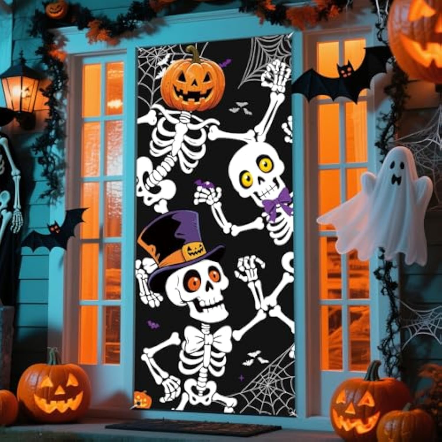 Halloween Door Cover 79x35 Inch Skeleton Door Banner for Haunted House Party Decor