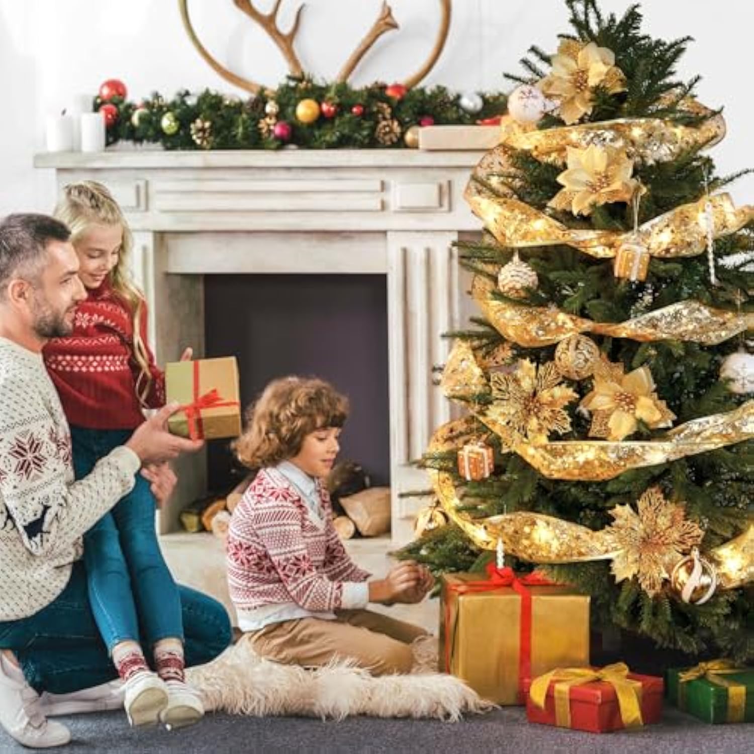 2 Pack Gold Christmas Tree Decorations, Total 40Ft 120 Led Christmas Tree Ribbon Lights Battery Powered Ribbon Bows Copp