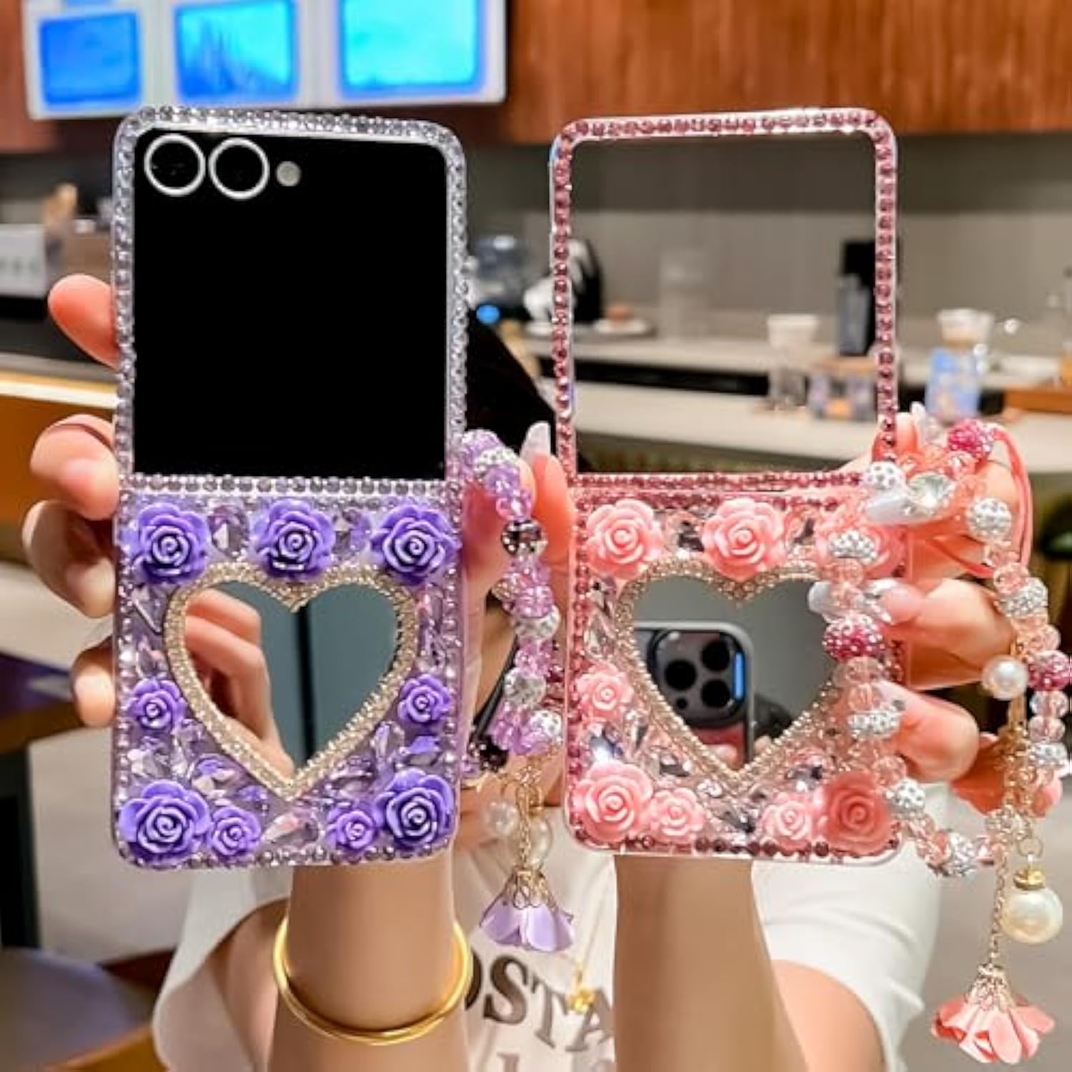 For Samsung Galaxy Z Flip 7 Glitter Bling Case, Cute 3D Sparkle Heart Makeup Mirror Crystal Rhinestones Flowers Diamond Gems With Lanyard Wrist Strap Women Girls Case For Galaxy Z Flip 7,Pink