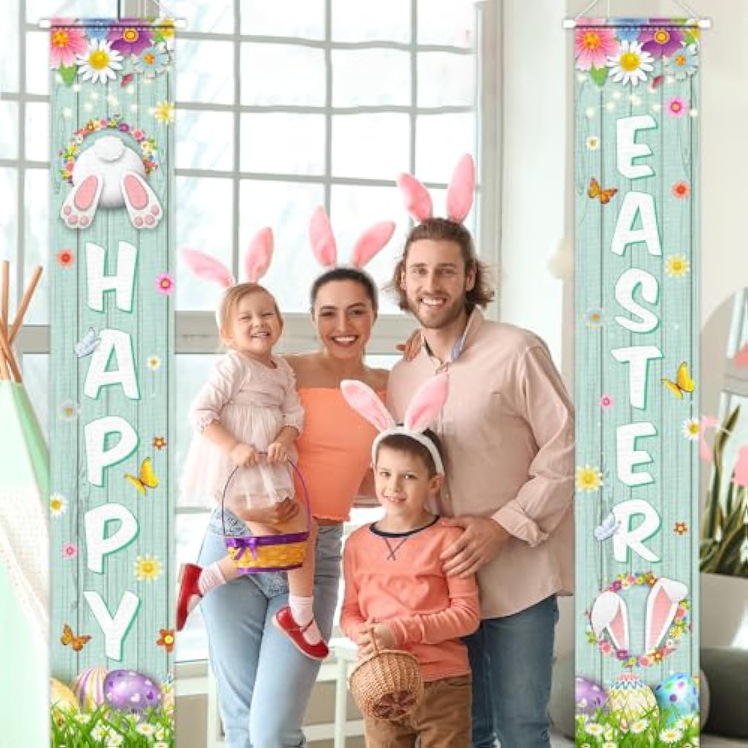 Happy Easter Porch Sign Banner - 2 Pack Welcome Signs For Spring Theme Easter Bunny Door & Party Supplies