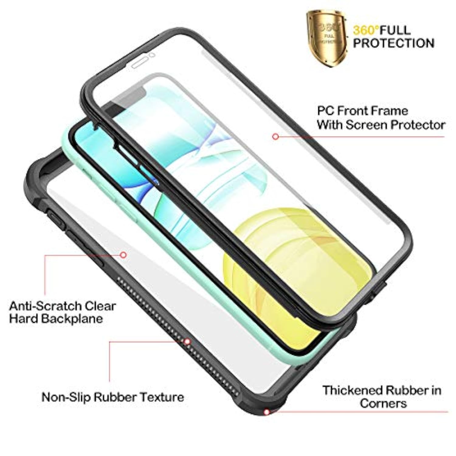 Iphone 11 Case With Screen Protector Clear Rugged 360 Full Body Protective Shockproof Hard Back Defender Dual Layer Heavy Duty Bumper Cover Case For Iphone 11 6.1" - Black