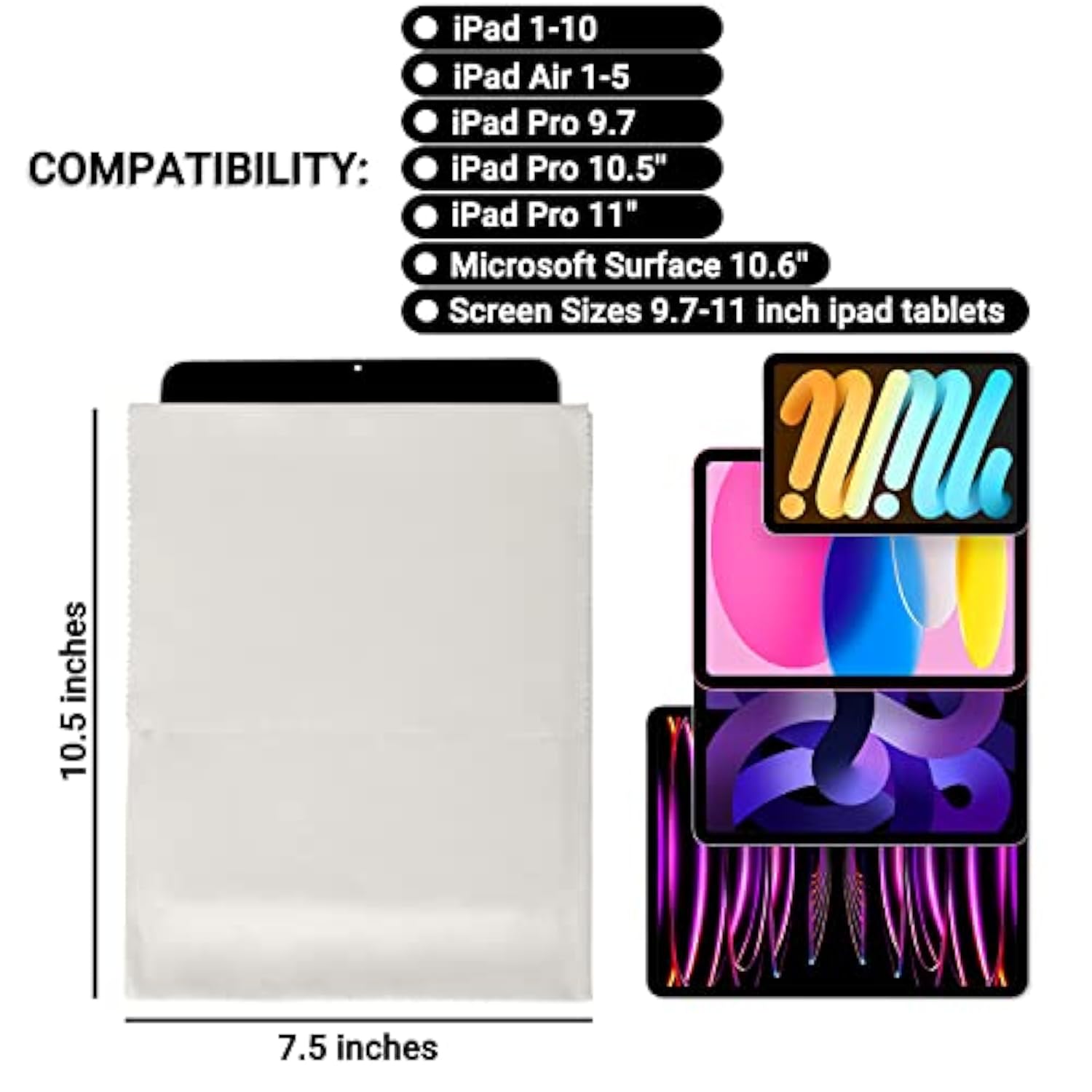 Microfiber Ipad Sleeve Cases 3-Pack Compatible With Tablets, Ipad 1-10, Ipad Air 1-5, Ipad Pro 11, Ipad Pro 10.5, Ipad Pro 9.7 With Screen Sizes From 9.7 To 11 Inch - Microsoft Surface 10.6