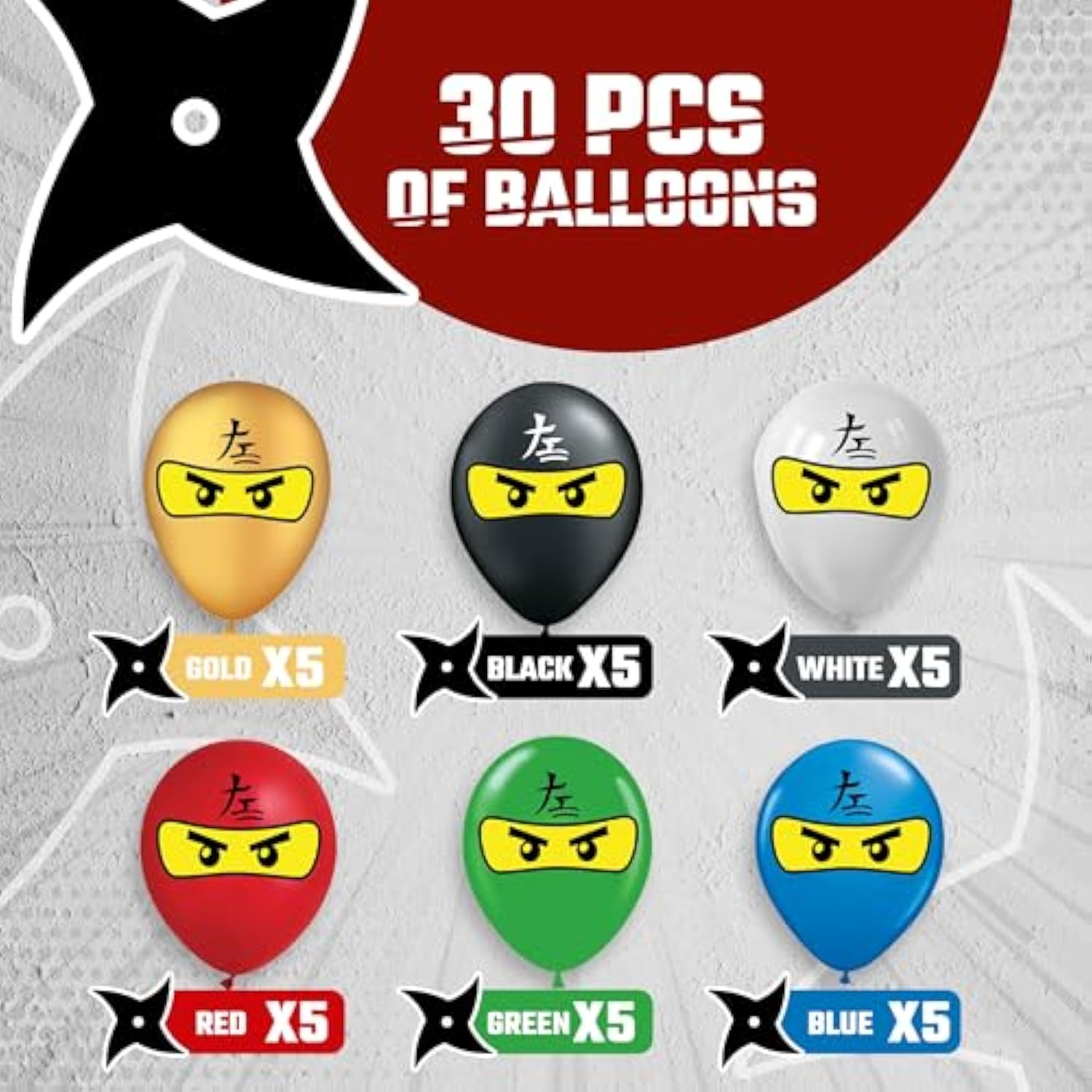 30-Pack 12" Ninja Superhero Balloons in Assorted Colors for Birthday Parties