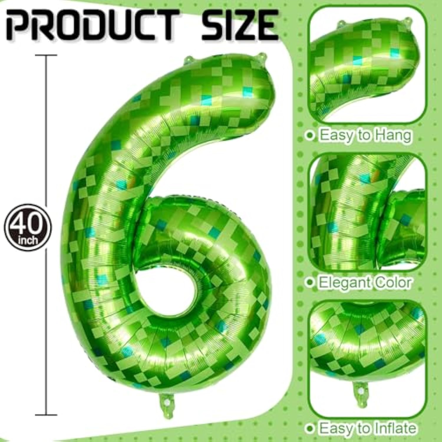 Gaint Green Pixel Number 6 Balloon, Dark Kelly Green Self Inflating 6 Balloons Number, 40 Inch Pixel Foil Six Balloon For Boys Kids 6Th Birthday Party Video Game Forest Golf Patrick'S Day Decorations