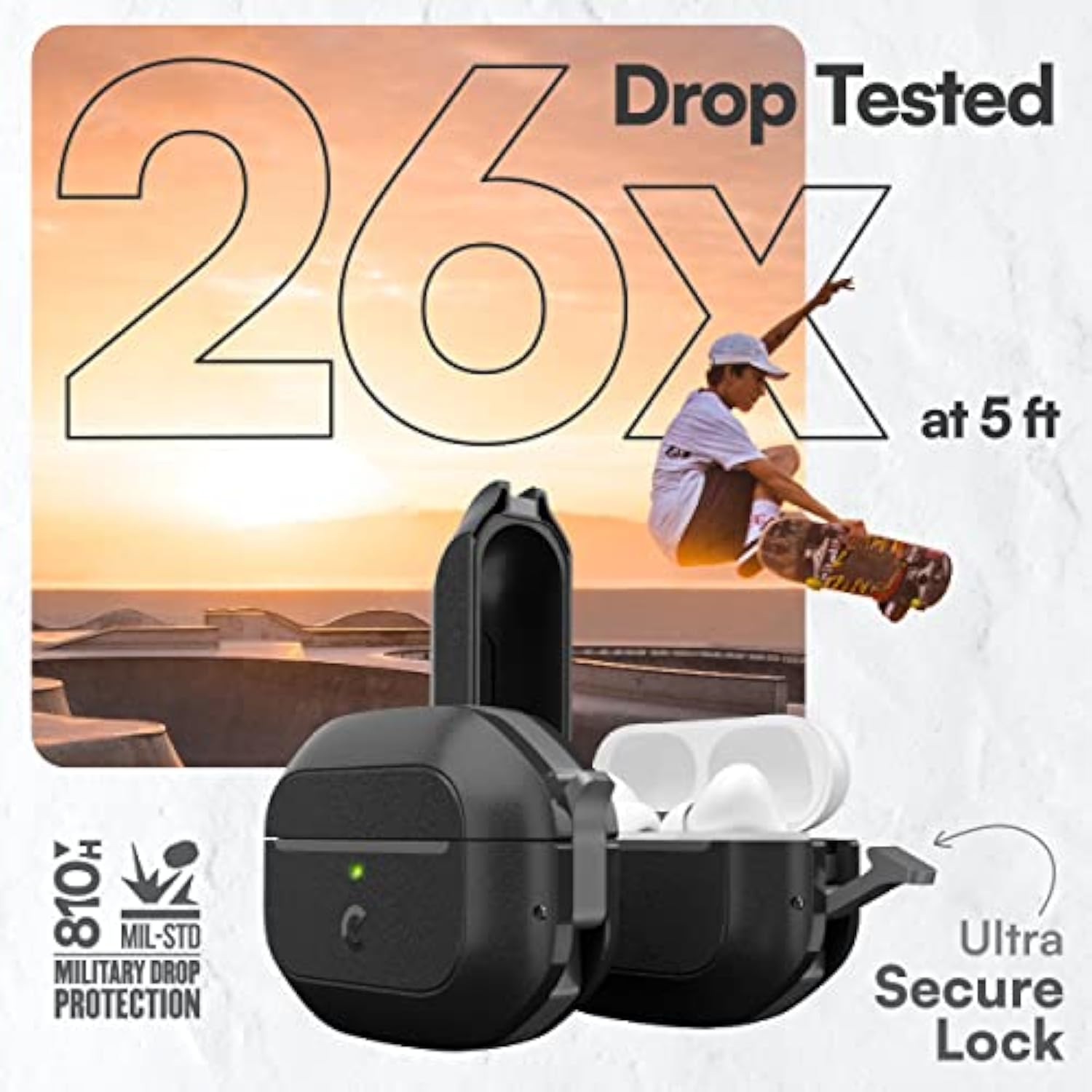 Airpods Pro Case With Lock - Waterproof Airpods Pro 2Nd Generation Case Cover With Carabiner, Rugged Tough Protection, Hard Shell For Usb-C/Lightning (Carbon Black)