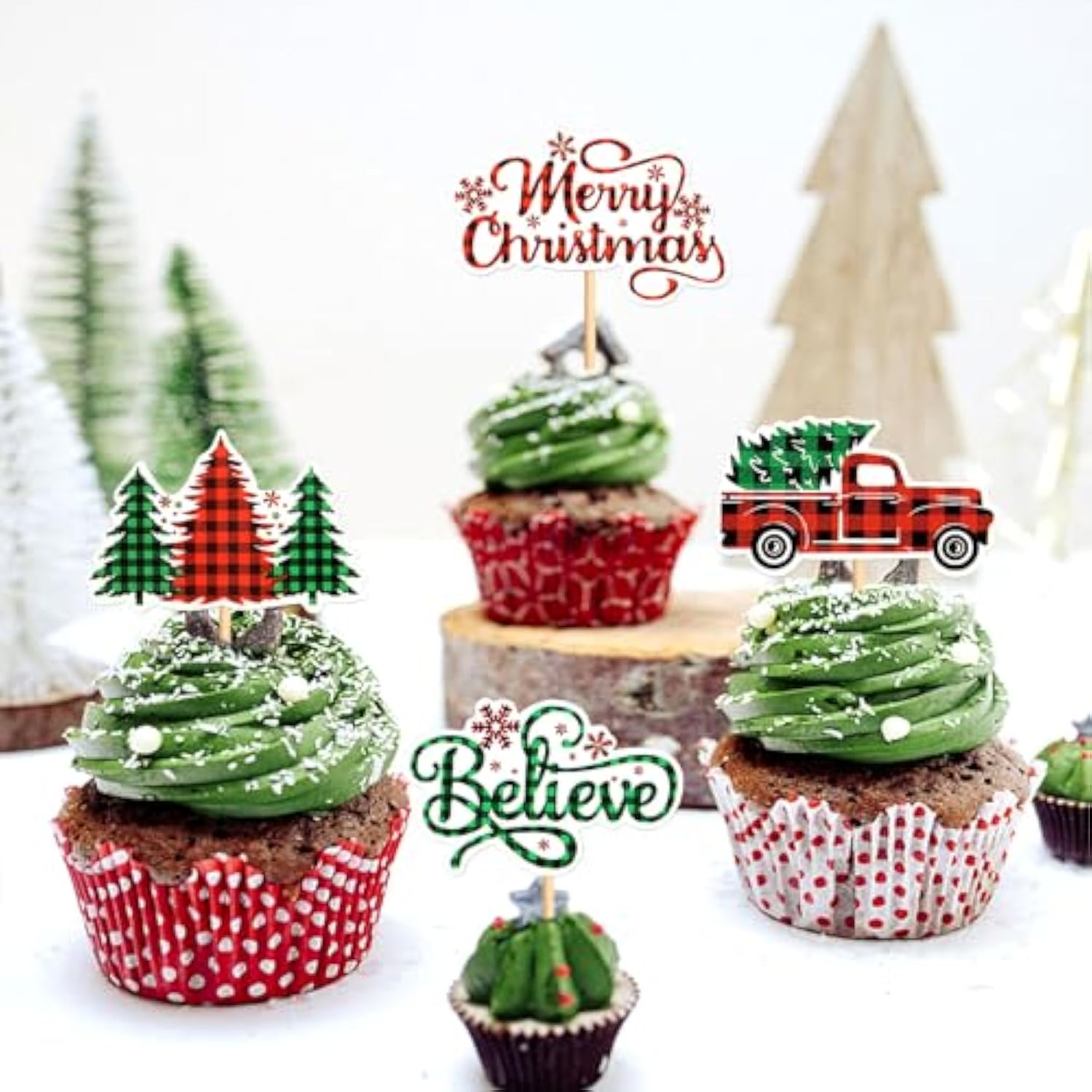 24 Pack Merry Christmas Cupcake Toppers Picks - Believe Christmas Tree Car For Holiday Theme Birthday Party Cake Decorations Supplies - Green