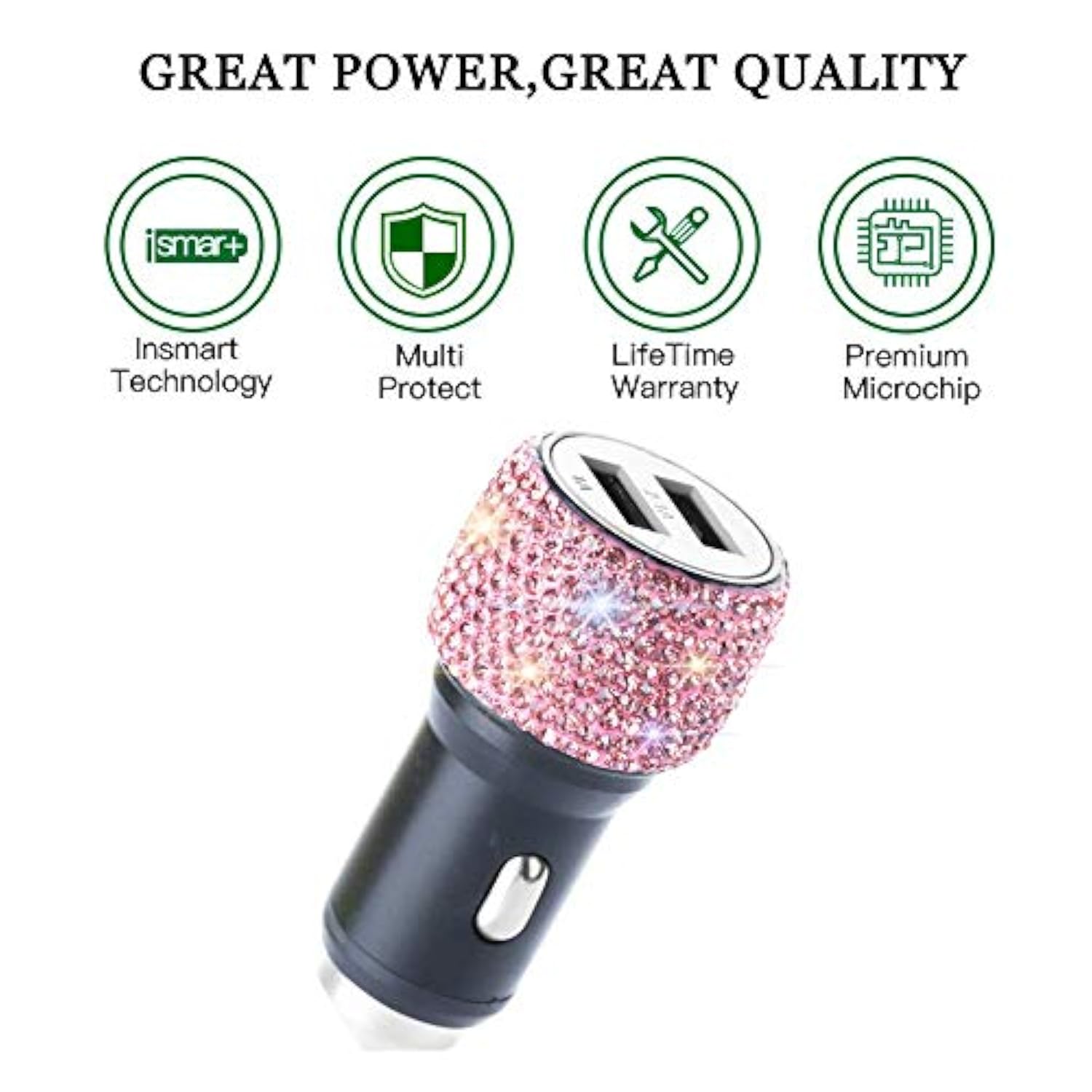 Dual Usb Car Charger, Car Adapter Bling Bling Rhinestones Crystal Car Decorations For Fast Charging Car Decors For Iphone Xs Max X Plus, Ipad Pro/Mini, Samsung