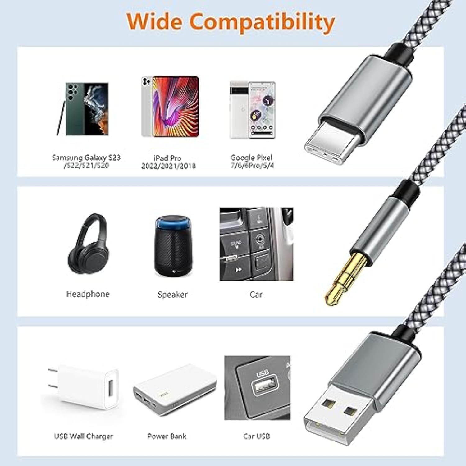 Usb C To 3.5Mm Aux Audio Cable With Charging, 2 In 1 Usb C To 3.5Mm Car Stereo Headset Audio Cable With Pd 18W Charging Compatible With Iphone 15/15Pro, Samsung Galaxy S23/S23+/S22, Google Pixel 7 6