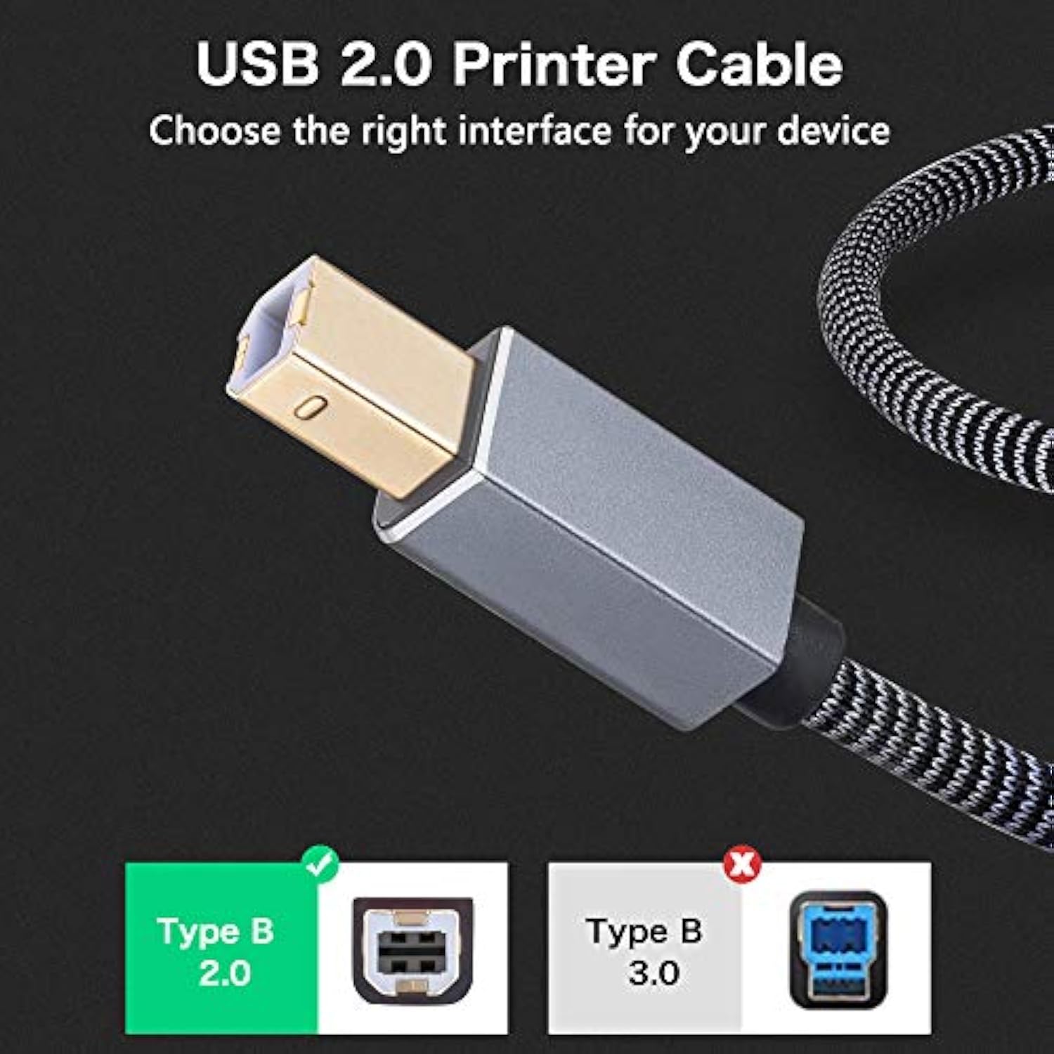 Printer Cable 3Ft, Usb Printer Nylon Braid Cord 2.0 Type A Male To B Male Cables Scanner Cord High Speed Compatible With Hp, Canon, Dell, Epson, Lexmark, Xerox, Samsung And More