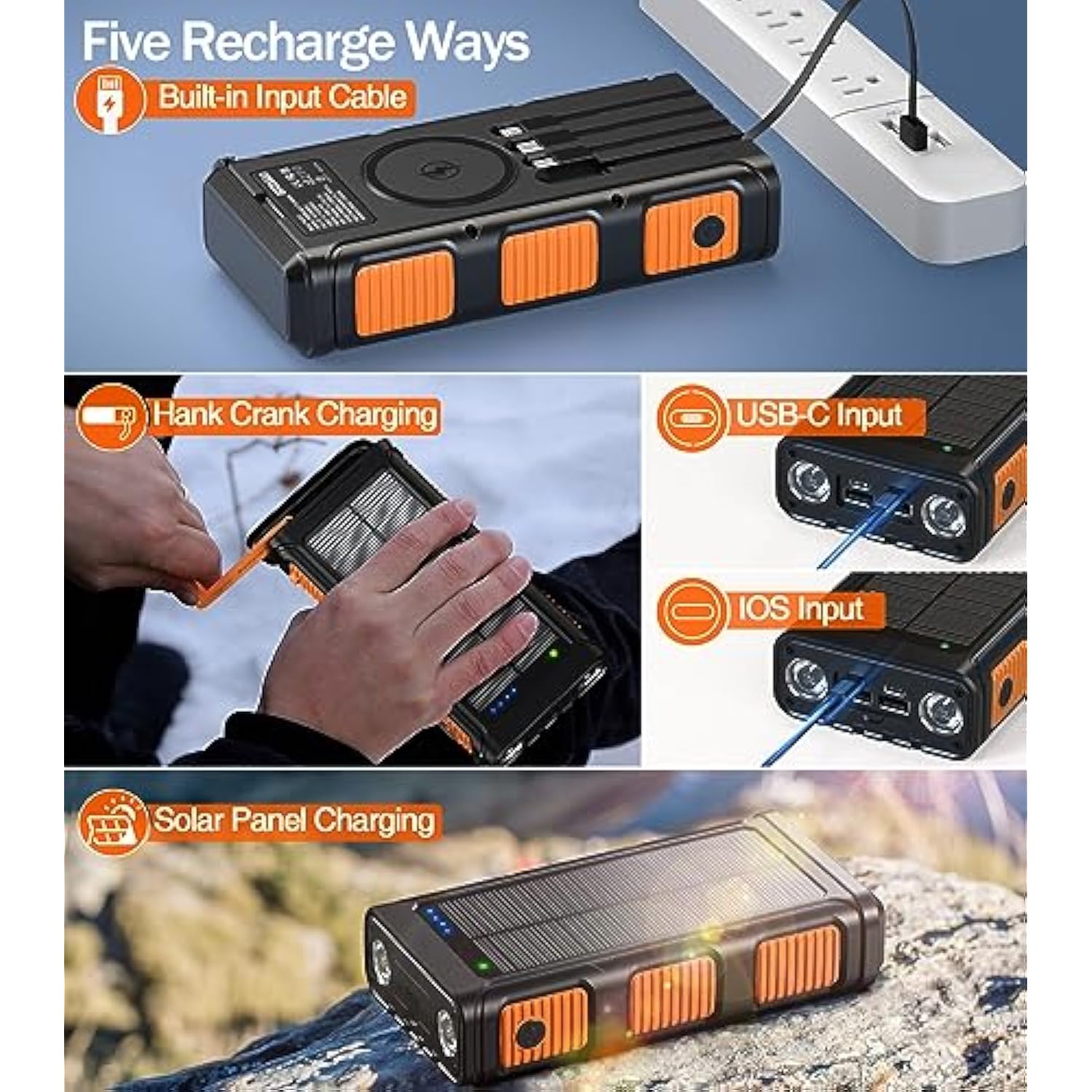 Power Bank Wireless Charger 45800Mah Built In Hand Crank And 4 Cables 15W Fast Charging Power Bank 7 Outputs & 4 Inputs Solar Portable Charger, Sos/Strobe/Strong Flashlights, Compass