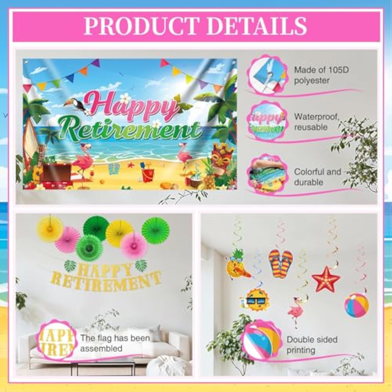 23Pc Luau Hawaiian Retirement Party Decor Set – Tropical Banner, Swirls, Fans & Centerpieces