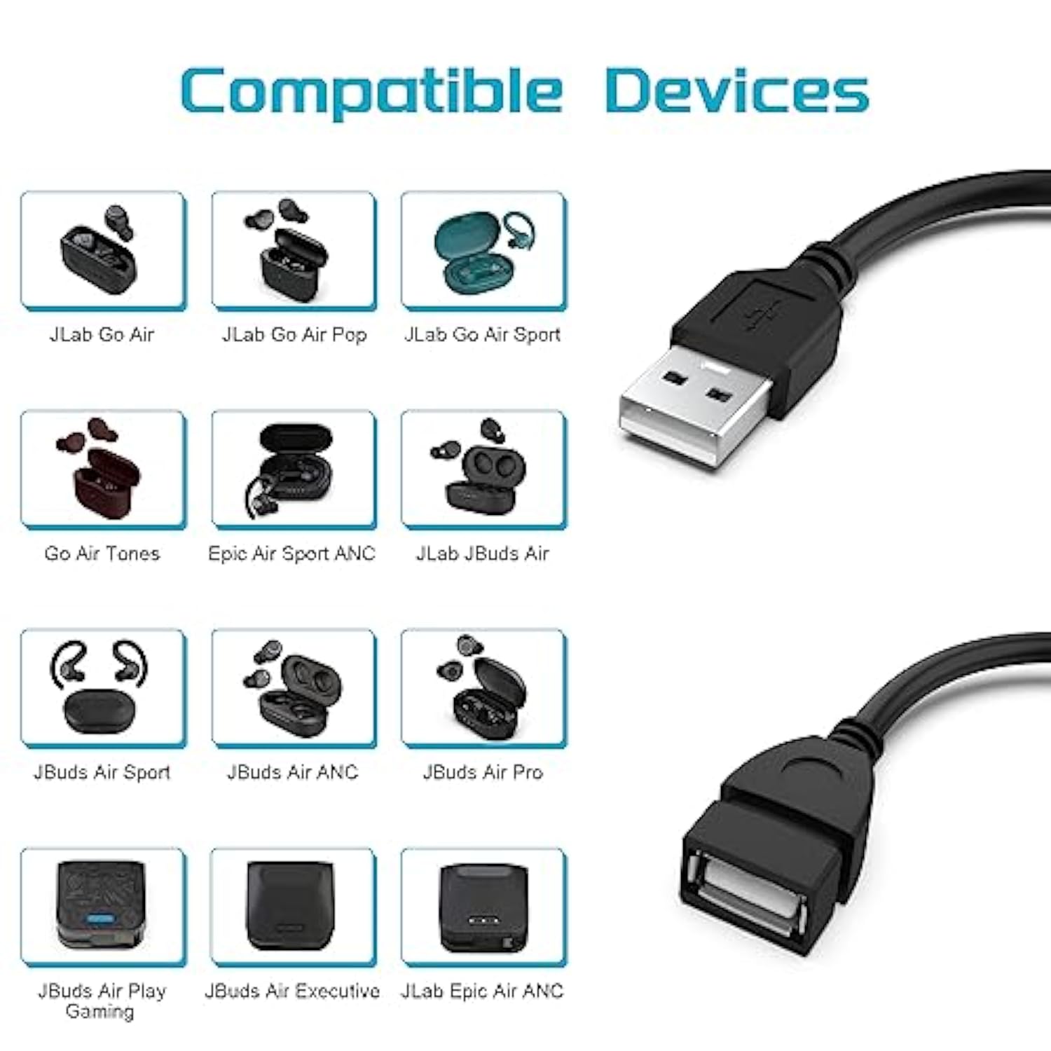 Usb Extension Charger Cable For Jlab Go Ai Pop/Sport, Jlab Epic Air Anc/Sport
