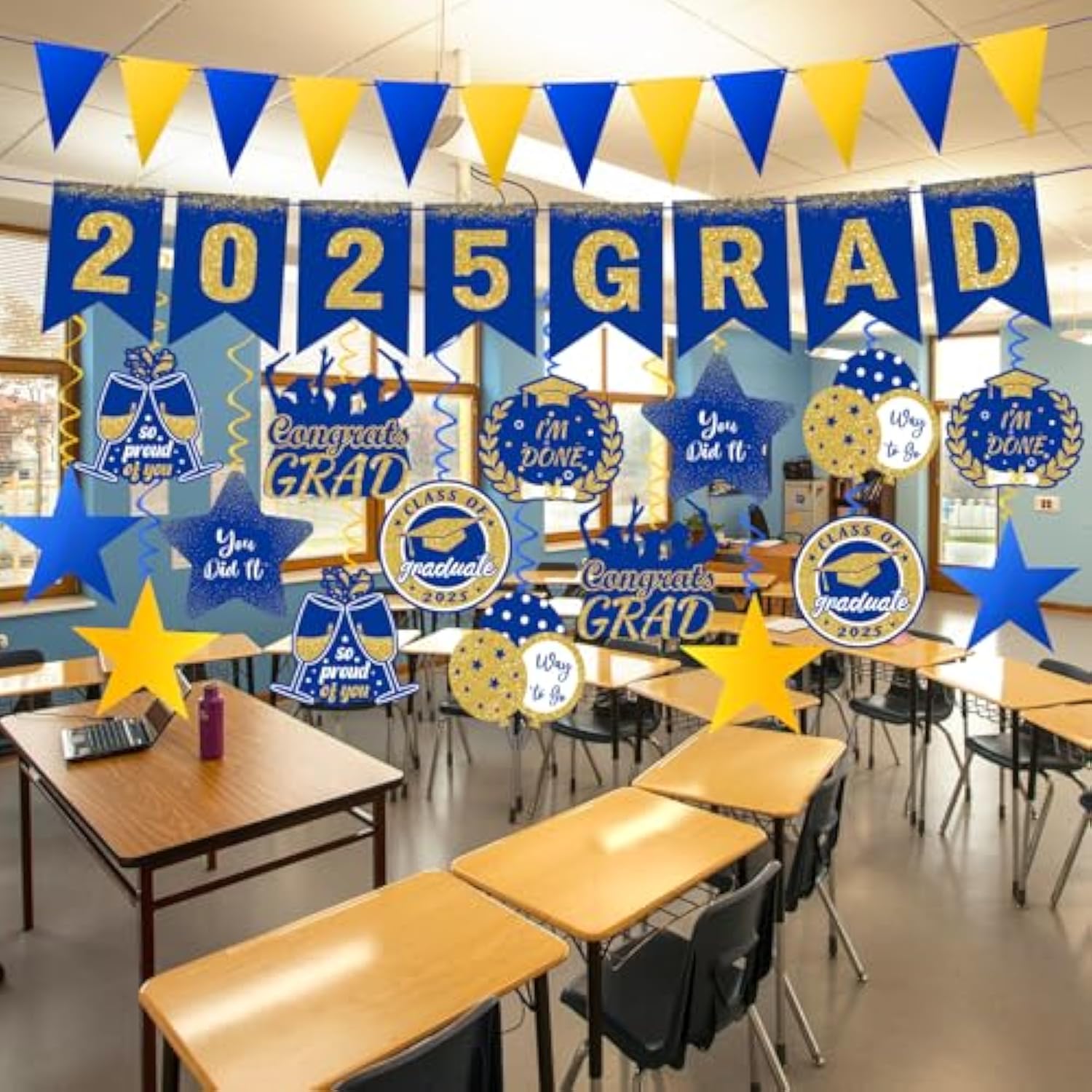 Graduation Decorations 2025 Blue Pre-Assembled Hanging Swirls 2025 Grad Banner Graduation Party Decorations 2025 For Classroom Home Party