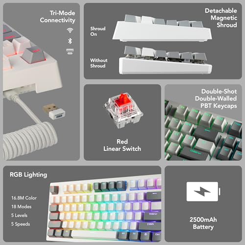 Phantom+ Elite 87 Mechanical Gaming Keyboard | Rgb Led Backlit | Hot Swappable Wraith Red Switches | 87 Key Tkl Layout | Thocky Sound Profile | Tri-Mode Wireless Bluetooth/2.4Ghz | White