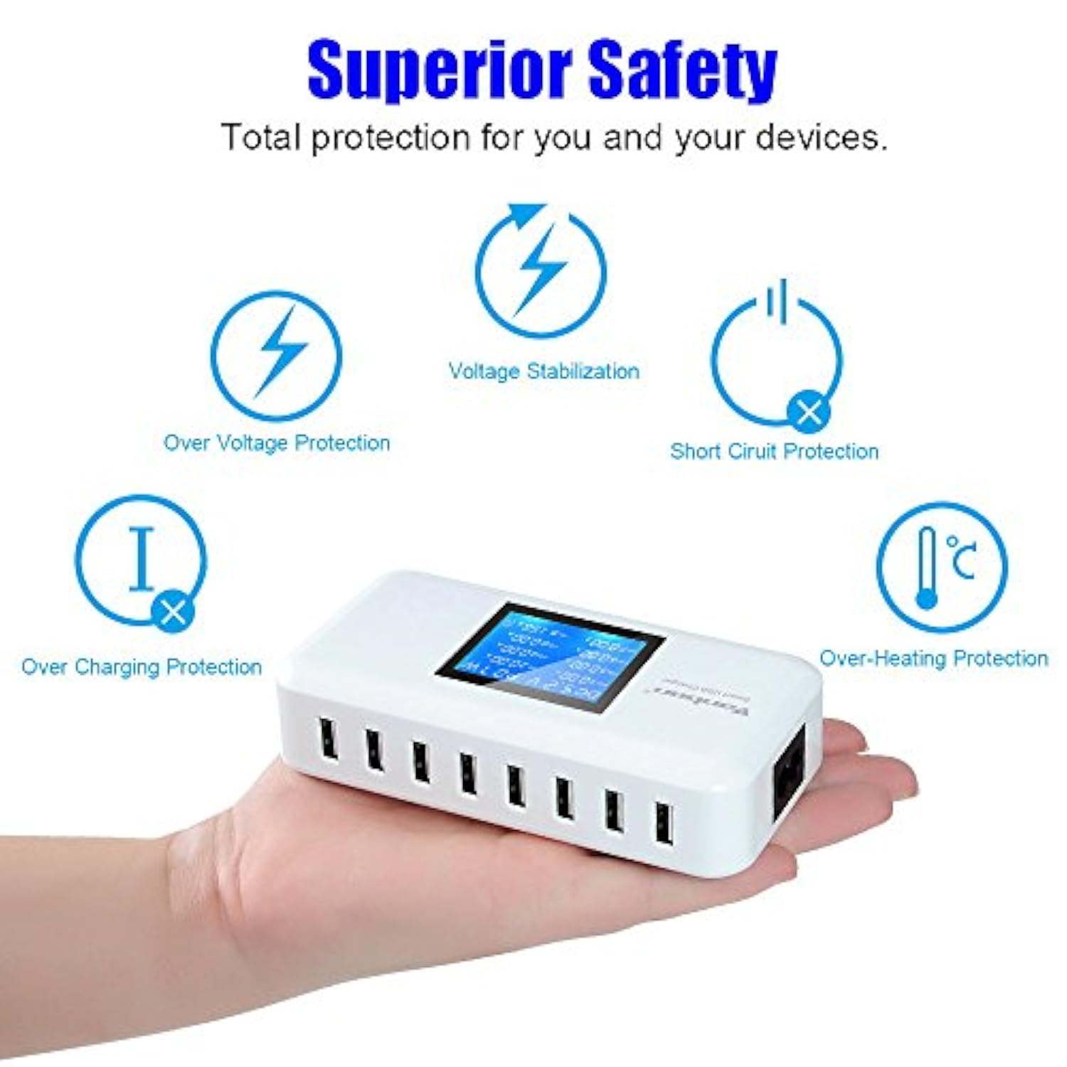 60W 8-Port Usb Wall Charger, Multi Port Usb Charger Charging Station W/Lcd Compatible With Smart Phone, Tablet And Multiple Devices