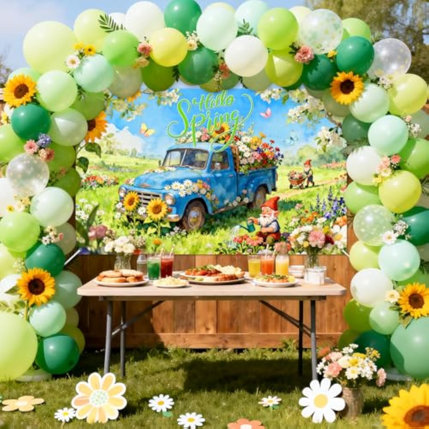 Hello Spring Banner Blue Truck Flowers Garden Elf Spring Background Party Decorations Indoor Outdoor Photo Booth Props (6X3.6Ft)