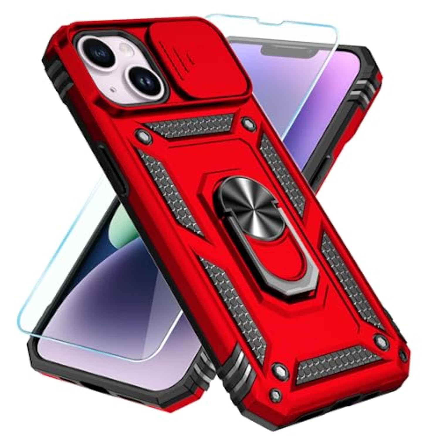 iPhone 13/14 Case with HD Screen, Slide Camera Cover, Kickstand, Red