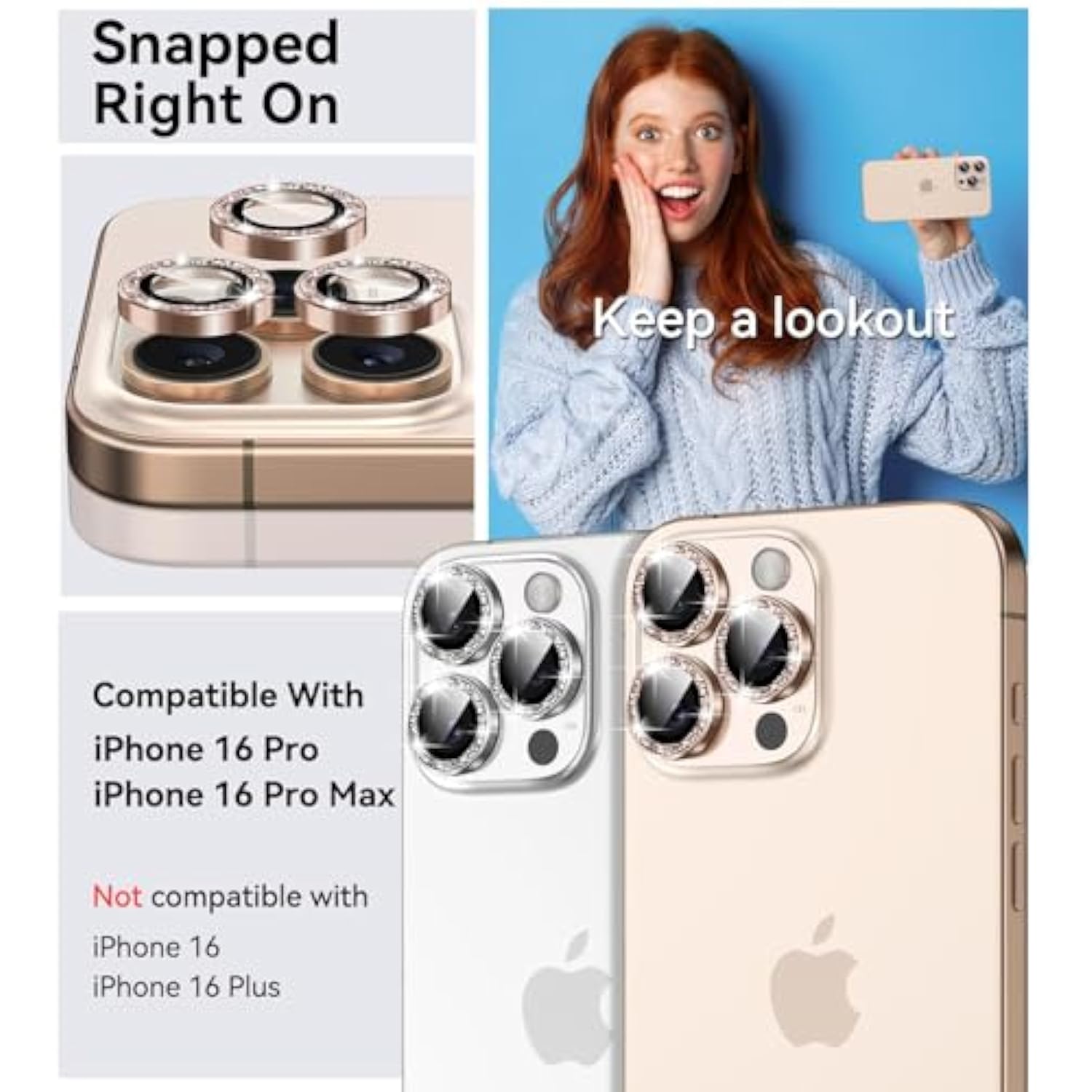 iPhone 16 Pro Camera Lens Protector Glitter Bling Tempered Glass Desert Gold