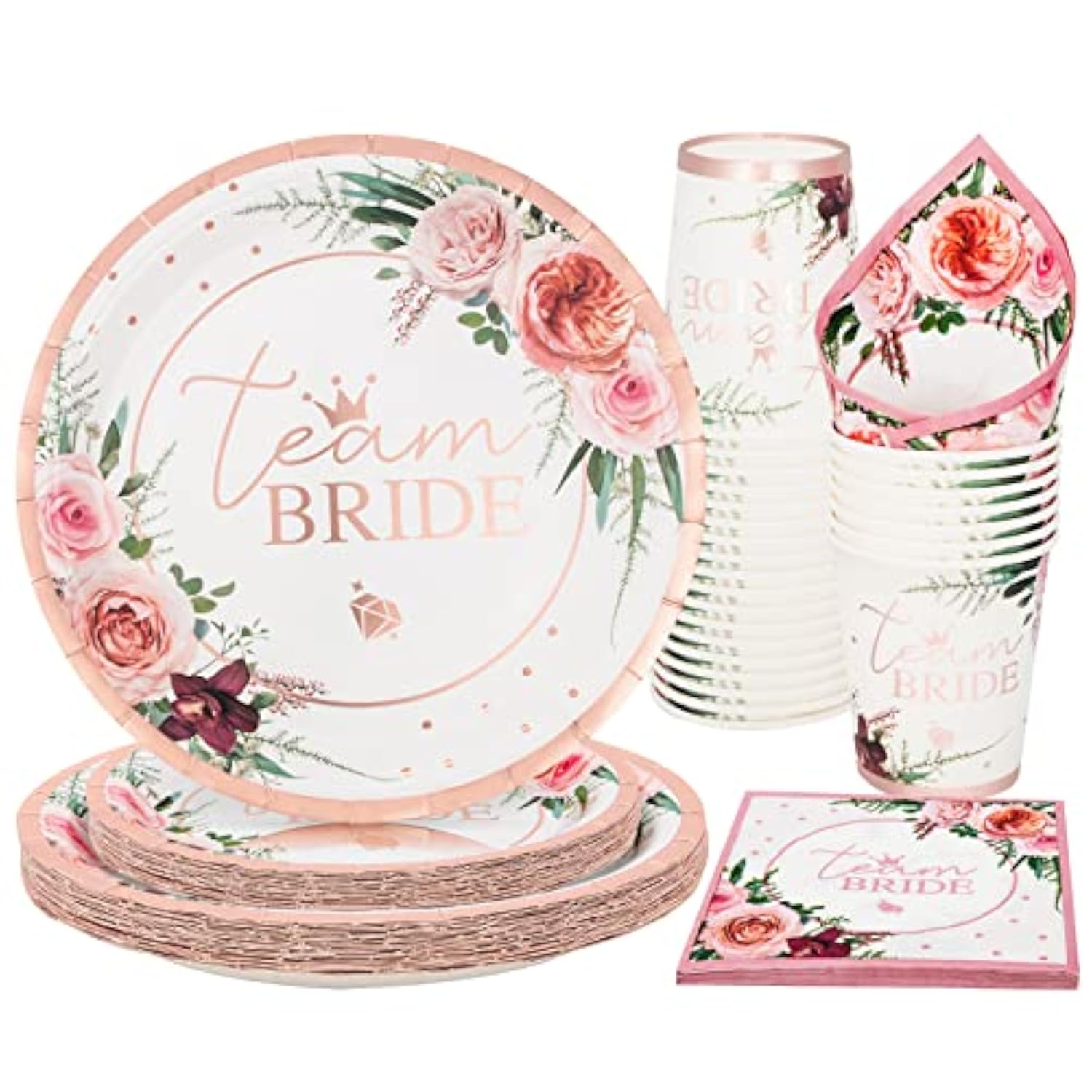 100 Pcs Floral Paper Plates, Bridal Shower Paper Plates And Cups And Napkins Sets Party Supplies For Wedding Bridal Shower Engagement, Serve For 25 Guests