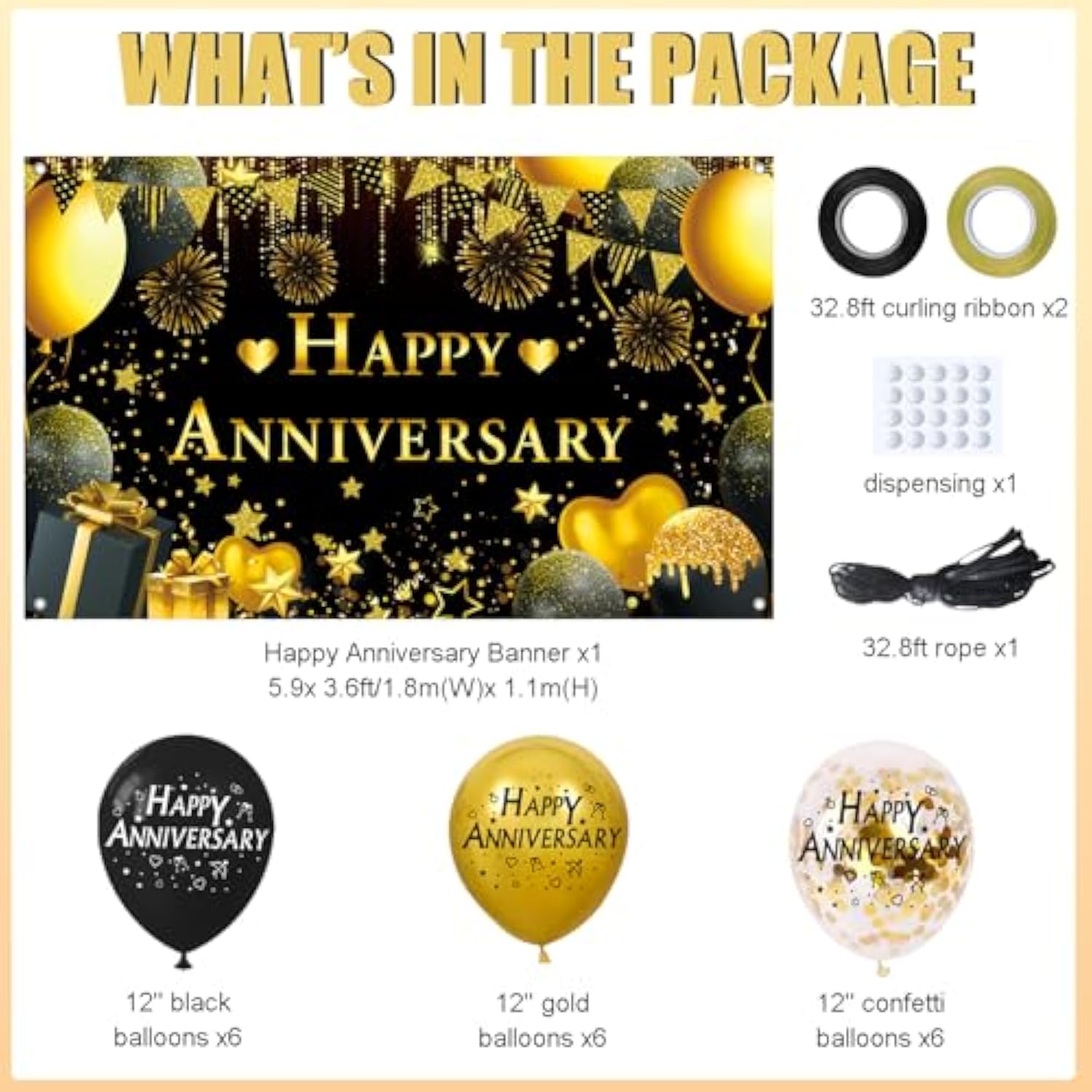 Happy Anniversary Decorations Kit - 5.9X3.6Ft Banner & 18Pcs Balloons, Black & Gold Backdrop For Wedding, Party Supplies - Men & Women