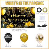 Happy Anniversary Decorations Kit - 5.9X3.6Ft Banner & 18Pcs Balloons, Black & Gold Backdrop For Wedding, Party Supplies - Men & Women