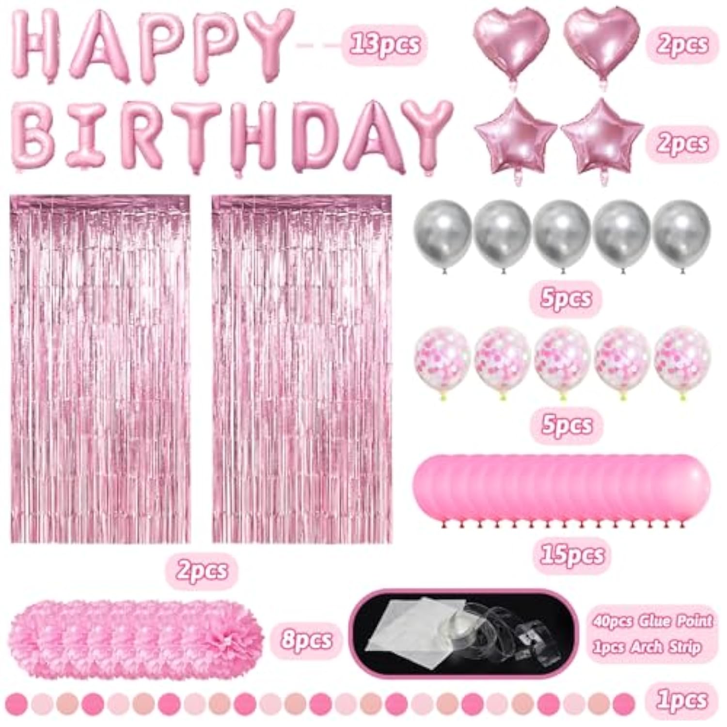 53pcs Pink Birthday Kit with Banner, Balloons, Pompoms & Fringe Curtain Decor