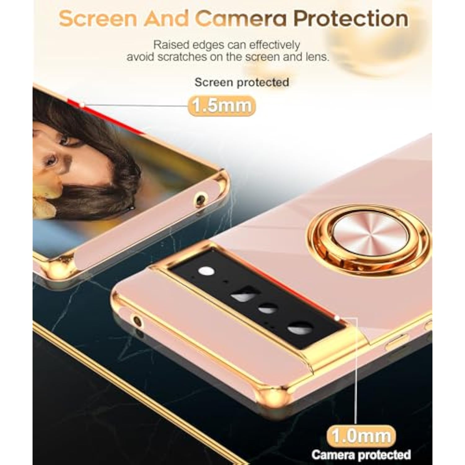 For Google Pixel 6 Pro Case: 360° Rotatable Ring Holder Magnetic Kickstand, Plating Rose Gold Edge For Google Pixel 6 Pro Case, Pink
