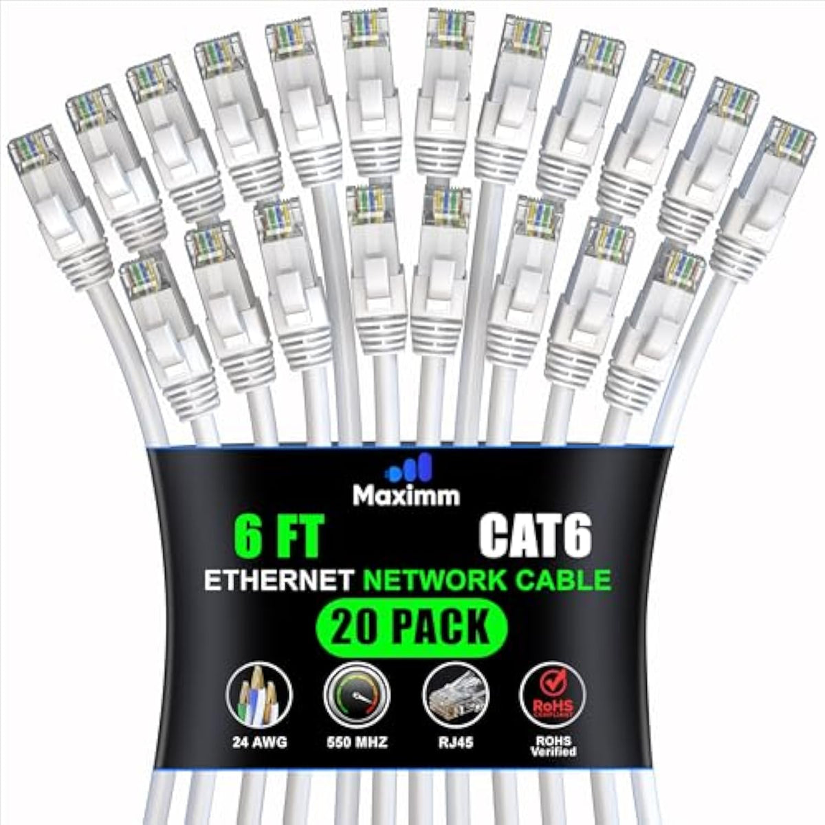 Maximm Cat 6 Ethernet Cable 6 Ft, (20-Pack) Cat6 Cable, LAN Cable, Internet Ca