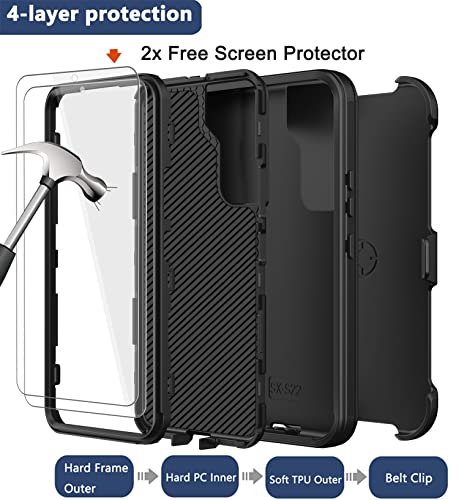 for  Galaxy S22 Plus Case with Belt Clip Holster, 2X Screen Protector, [Military Grade Protection] Heavy Duty Full Body Shockproof Rugged