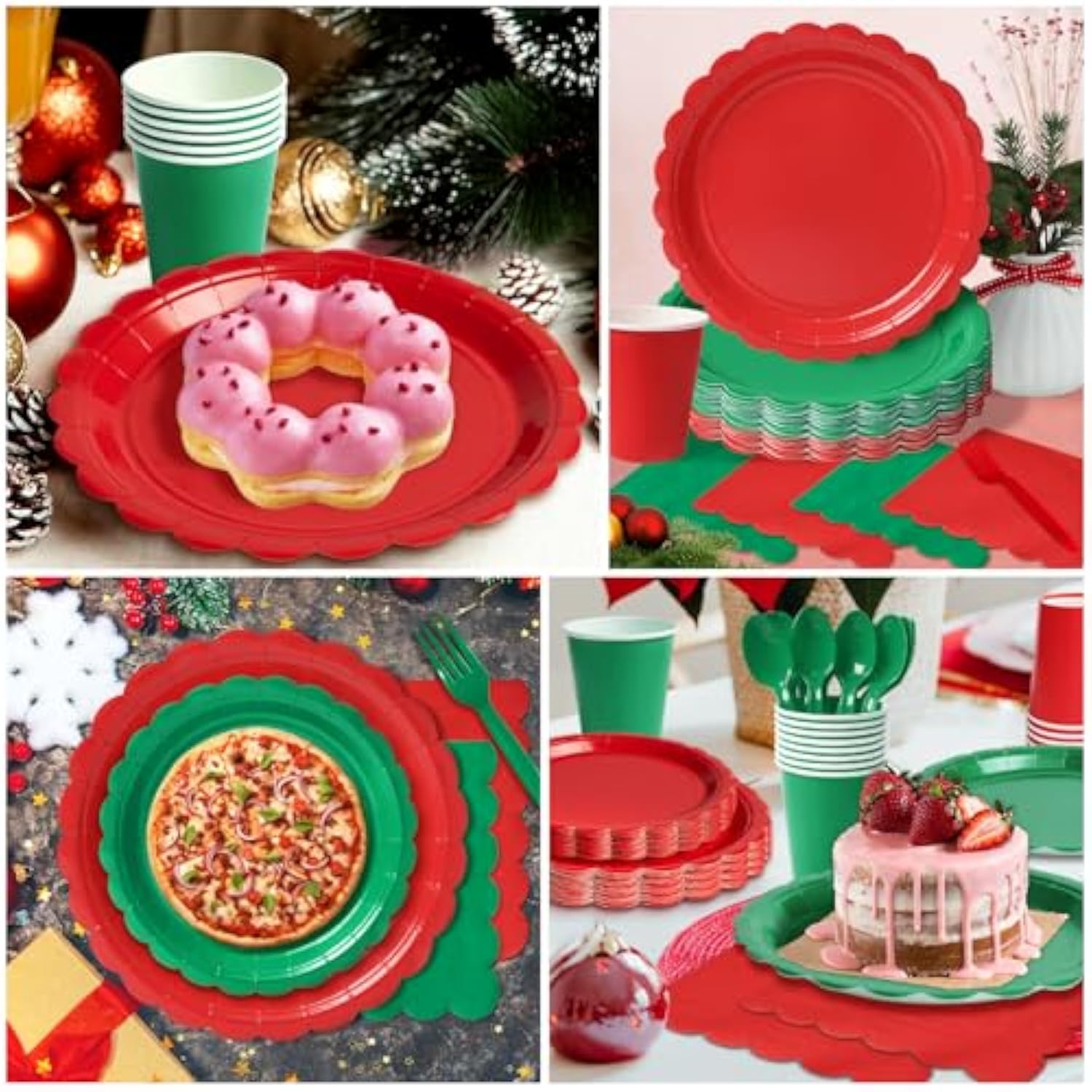 350 Pcs Green And Red Disposable Party Supplies – Paper Plates And Napkins Dishware Set (Serve 50) | Scalloped Plates, Cups, Spoons, Forks, Knives | Christmas, Holiday Parties