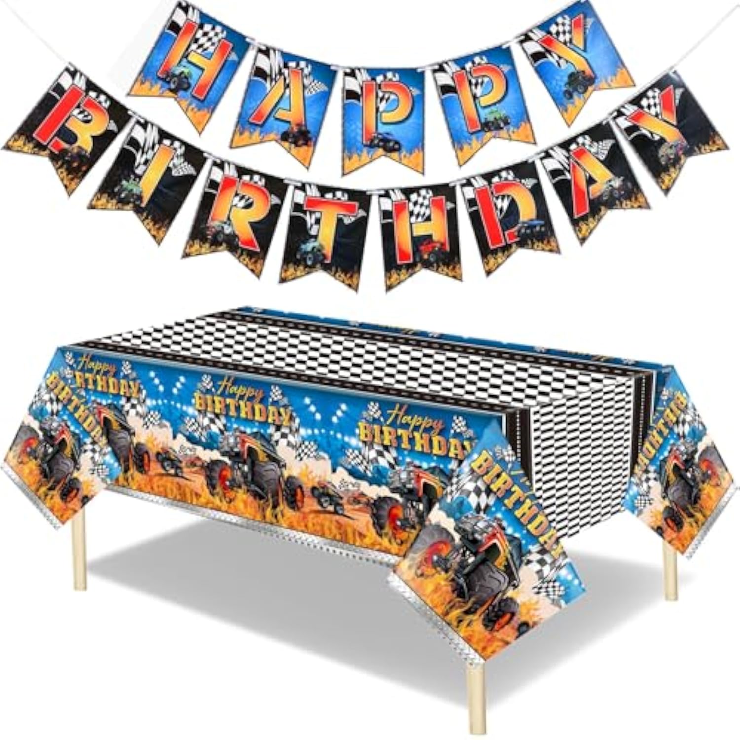 3 Pcs Monster Truck Tablecloths Plastic Happy Birthday Banner Monster Truck Birthday Party Supplies 54 X 108 Inch Racing Car Table Cover For Car Themed Party Decorations