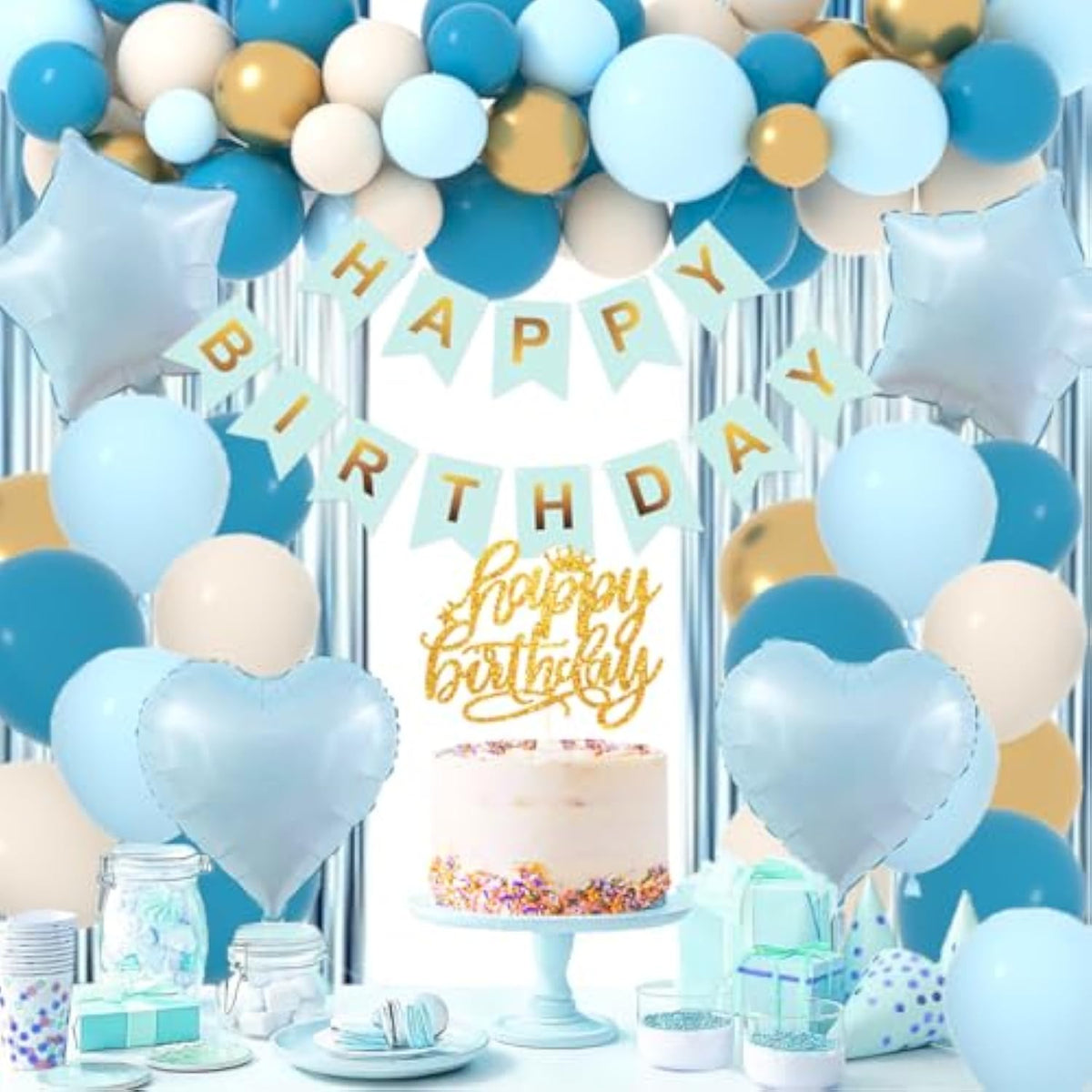 Blue White Gold Birthday Party Decorations Boho Balloons for Any Age