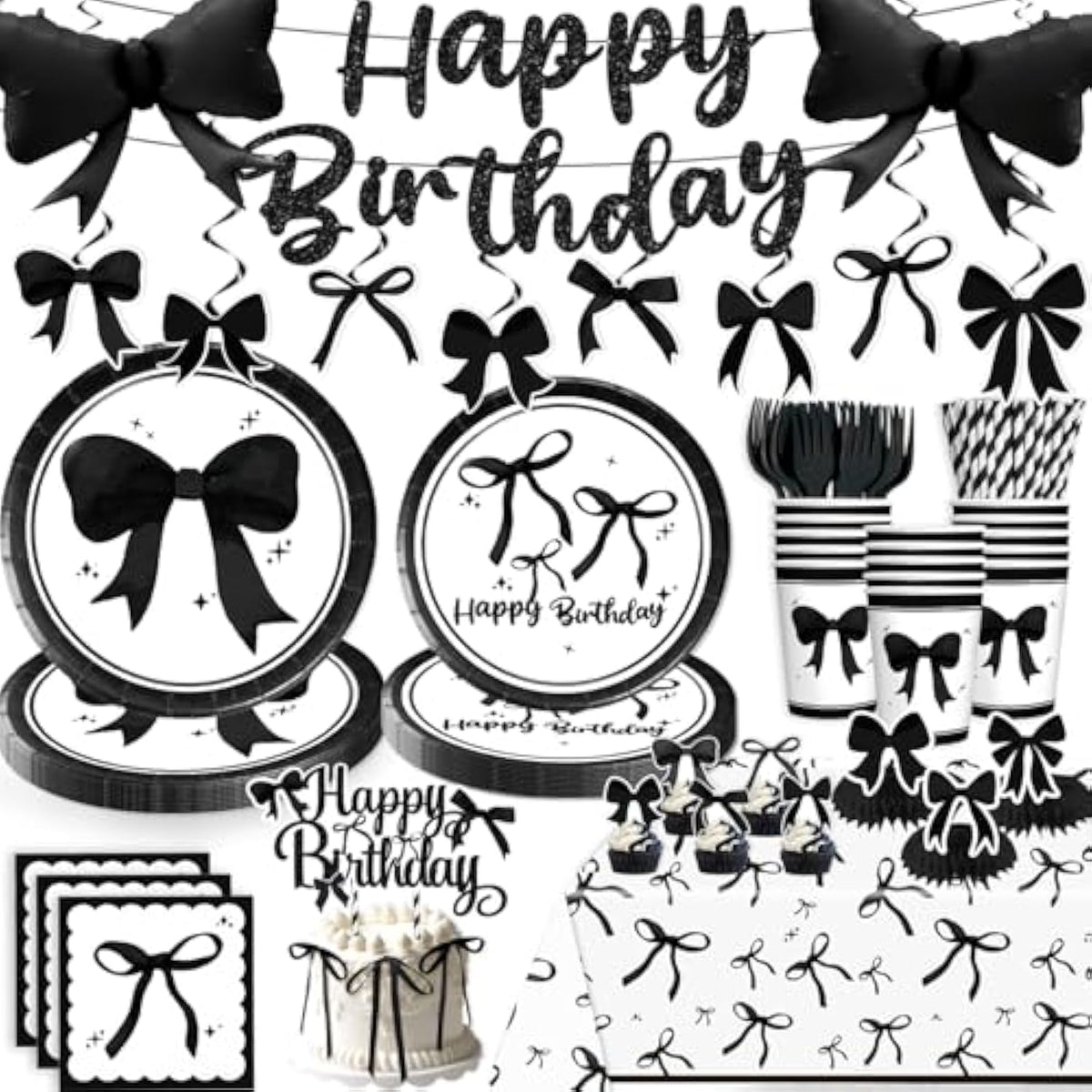 Black Bow Birthday Decorations, Bow Birthday Foil Balloons Paper Plates And Napkins, 2 Pcs Waterproof Tablecloth For Coquette Black And White Party Decor