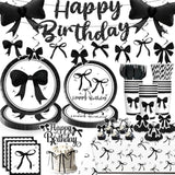 Black Bow Birthday Decorations, Bow Birthday Foil Balloons Paper Plates And Napkins, 2 Pcs Waterproof Tablecloth For Coquette Black And White Party Decor