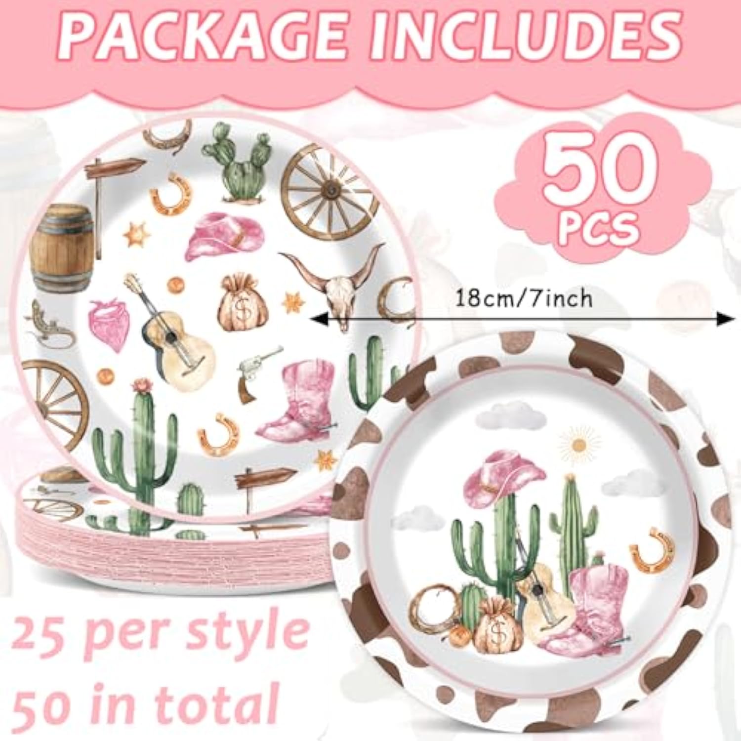 50Pcs Western Cowgirl Party Paper Plates Cowgirl Party Decorations For Girls Pink Western Theme Dessert Plates Wild West Cow Print Tableware Decor For Baby Shower Rodeo Birthday Serves 50