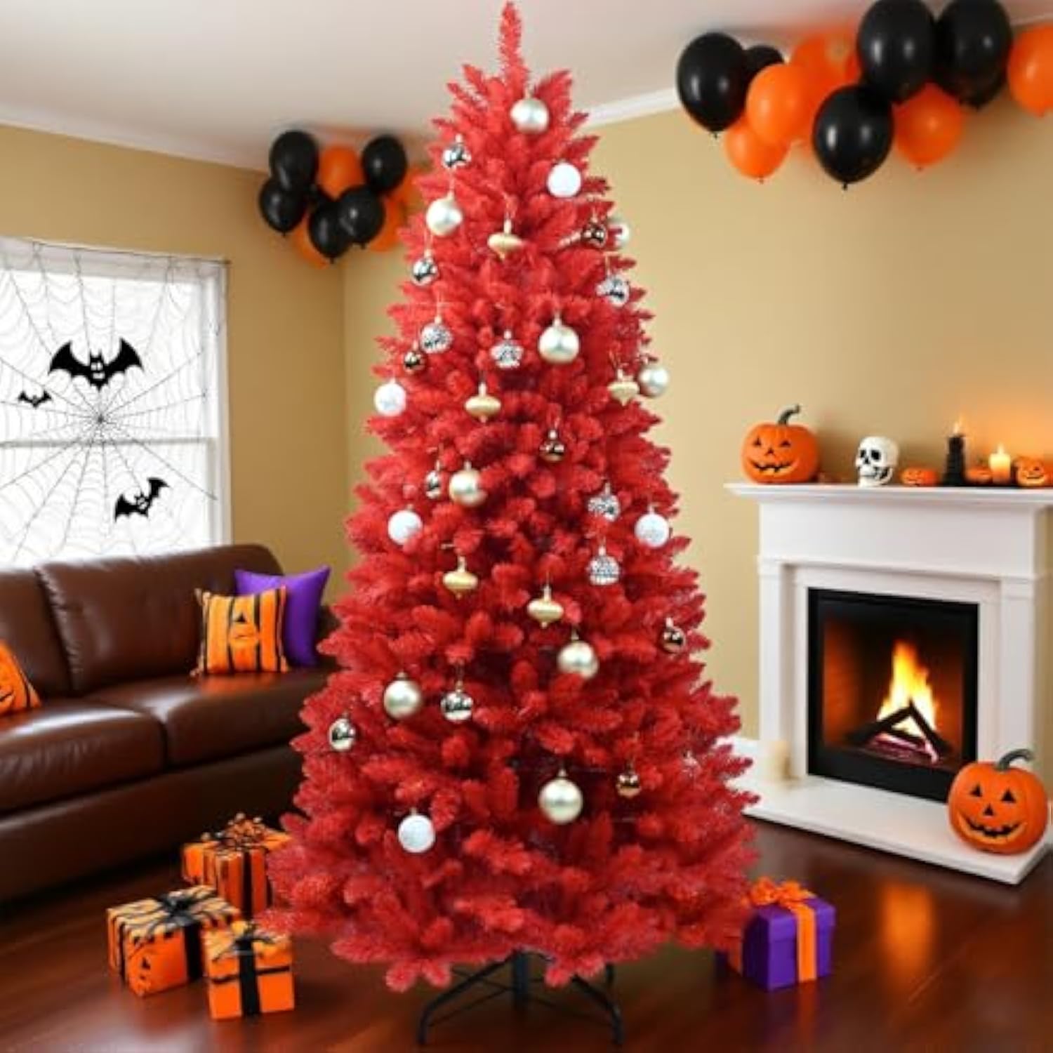 4Ft Artificial Red Christmas Tree Full Real Halloween Xmas Tree Premium Hinged Spruce Red Xmas Tree With 440 Branch Tips Easy To Assemble, Decoration For Indoor