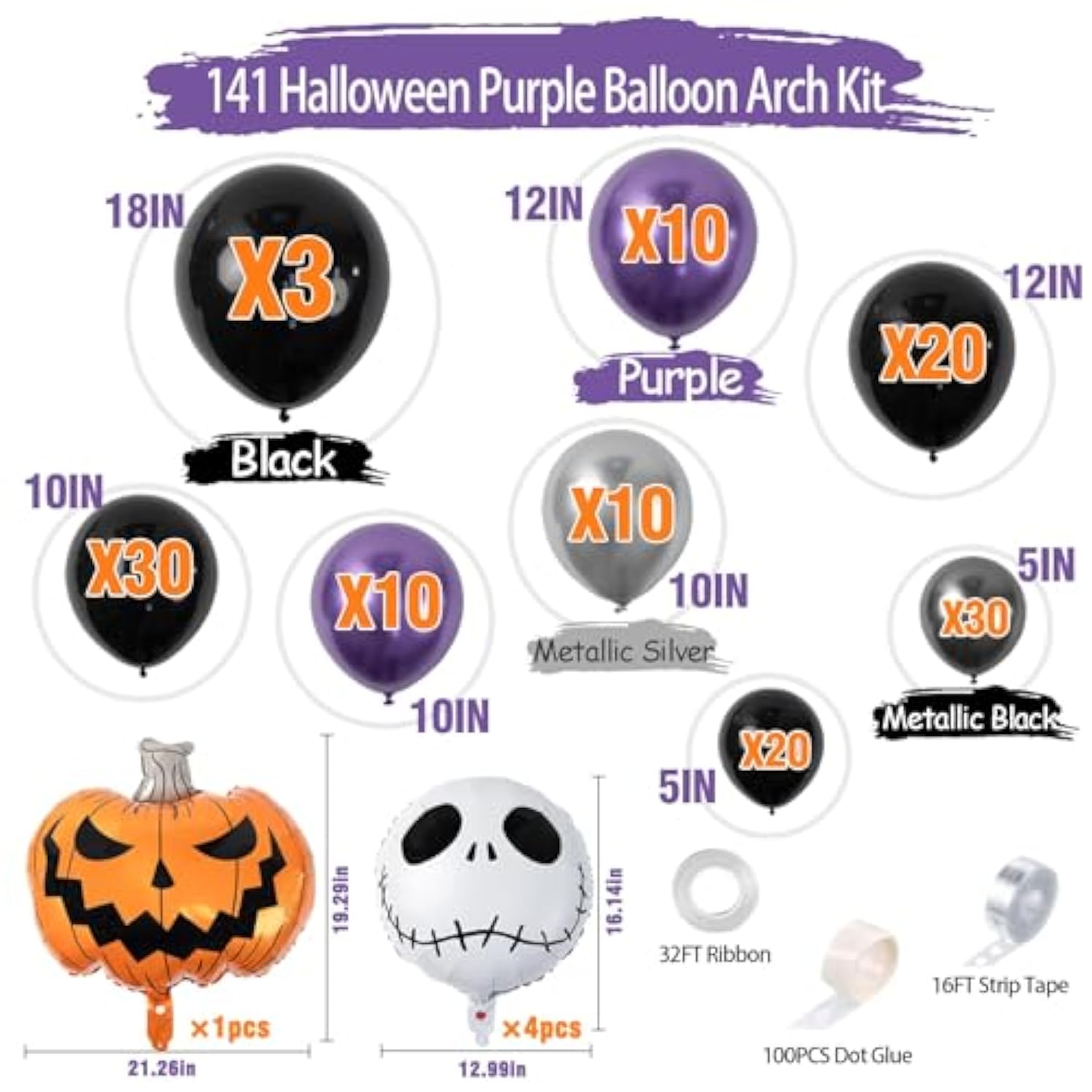 Skull Halloween Balloon Garland Kit: Purple, Black & Pumpkin Party Decor