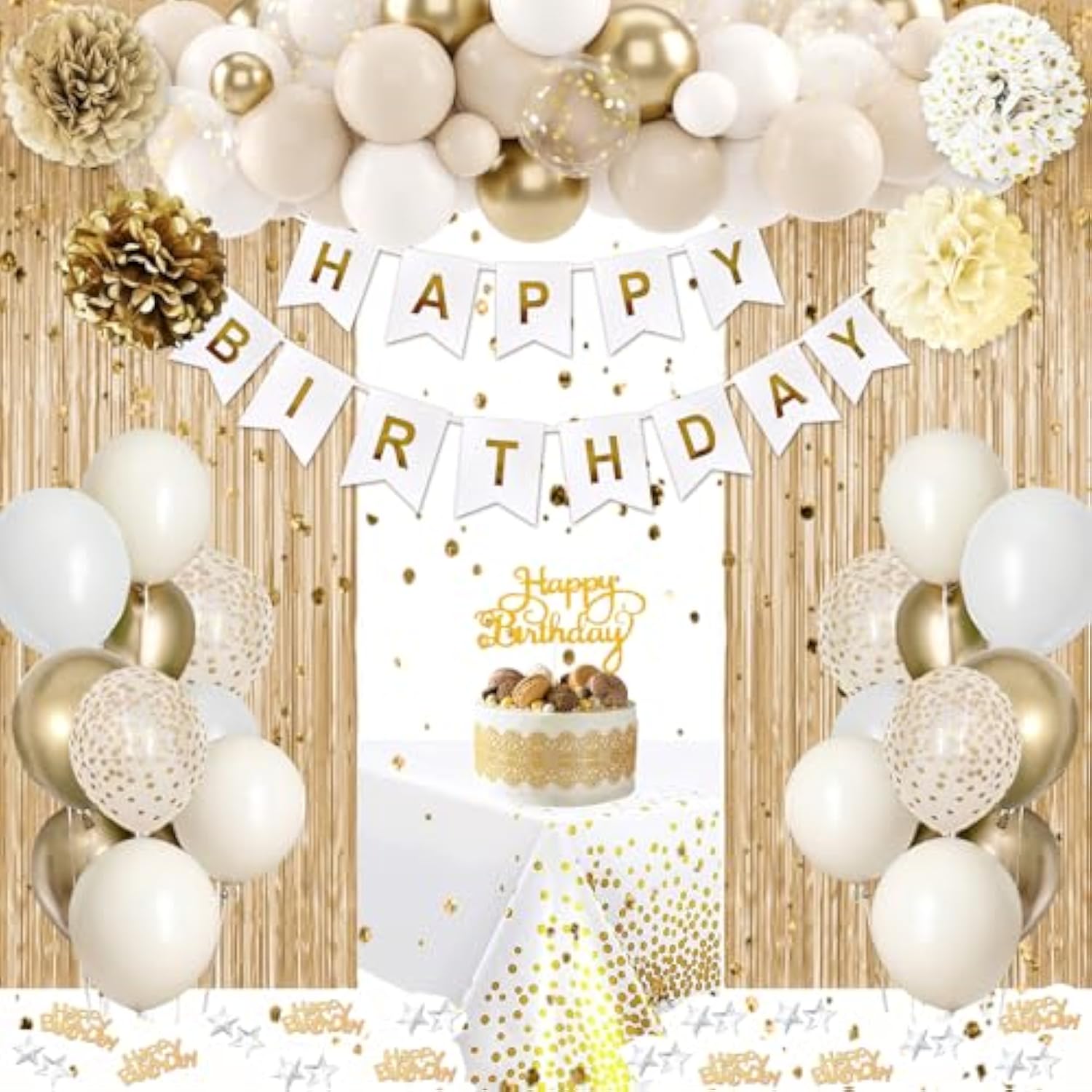 Golden Birthday Party Decorations, Gold Party Decorations, White And Gold Balloons Happy Birthday Banner Tablecloth Fringe Curtain Paper Pom Poms Kids Women Men Girls Boys Birthday Golden Bday Decor
