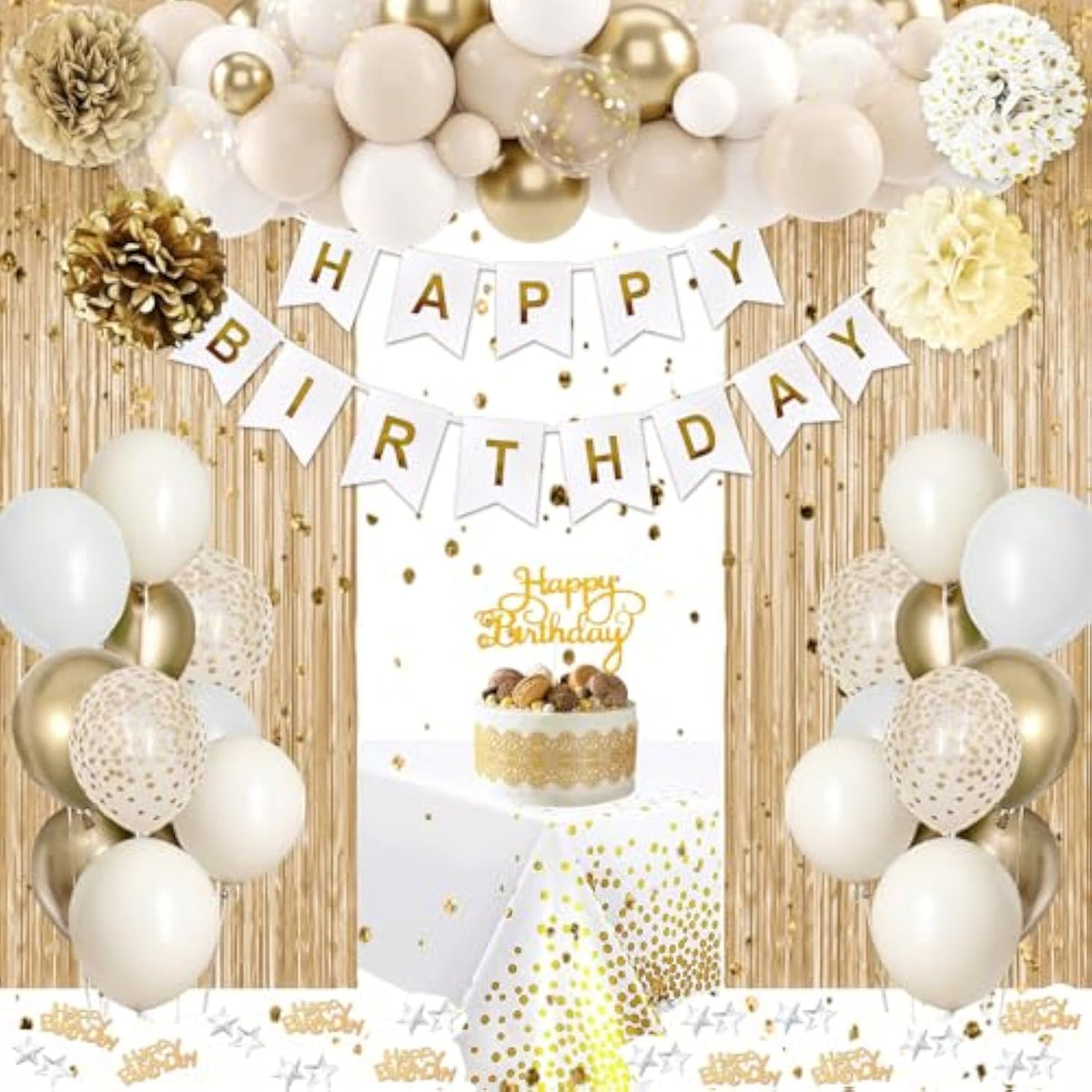 White & Gold Birthday Decor, Balloons, Banner, Tablecloth, Pom Poms and Fringe Curtain